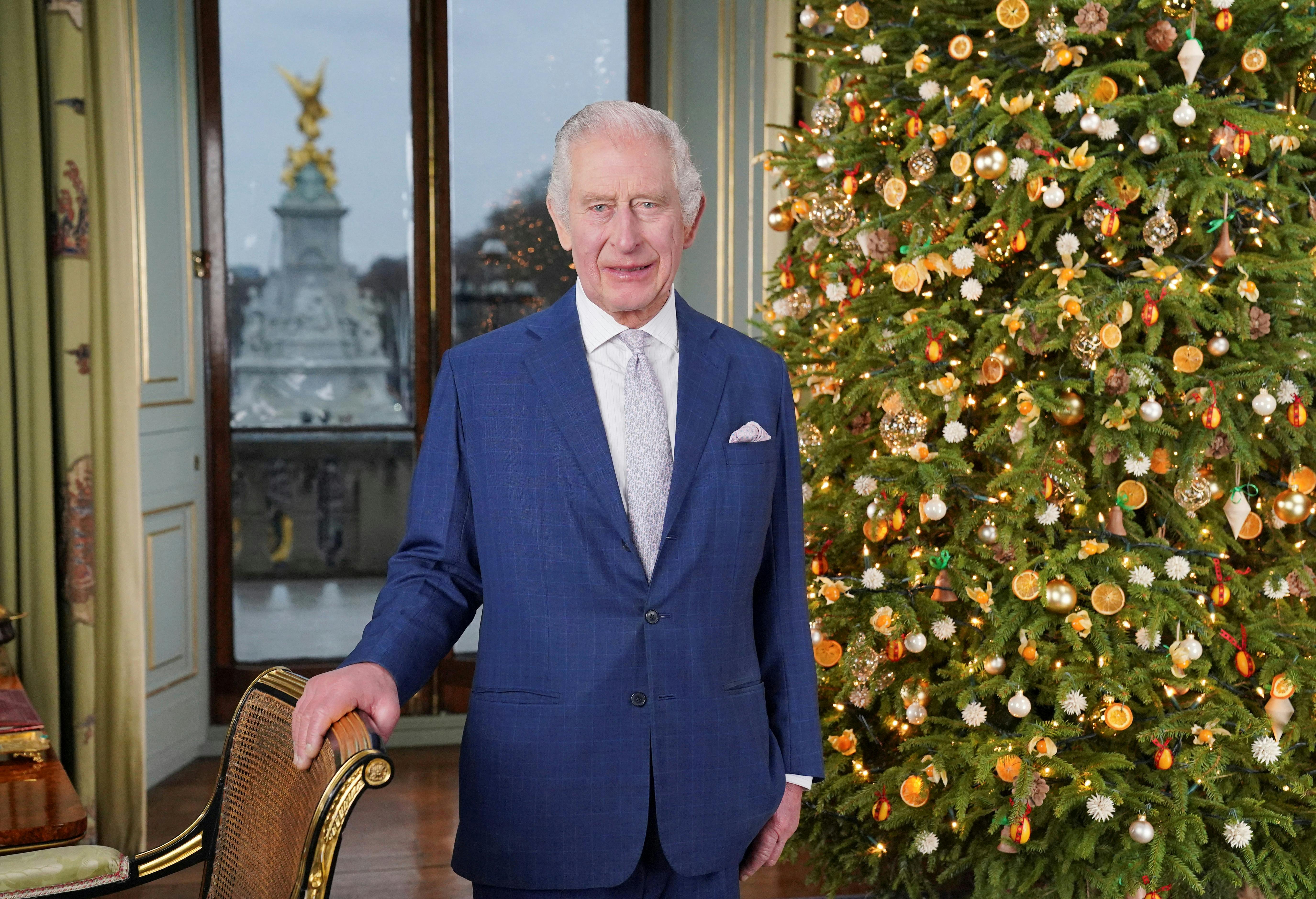 Britain's King Charles poses for a photo during the recording of his Christmas message at Buckingham Palace, in London, Britain December 7, 2023. Jonathan Brady/Pool via REUTERS