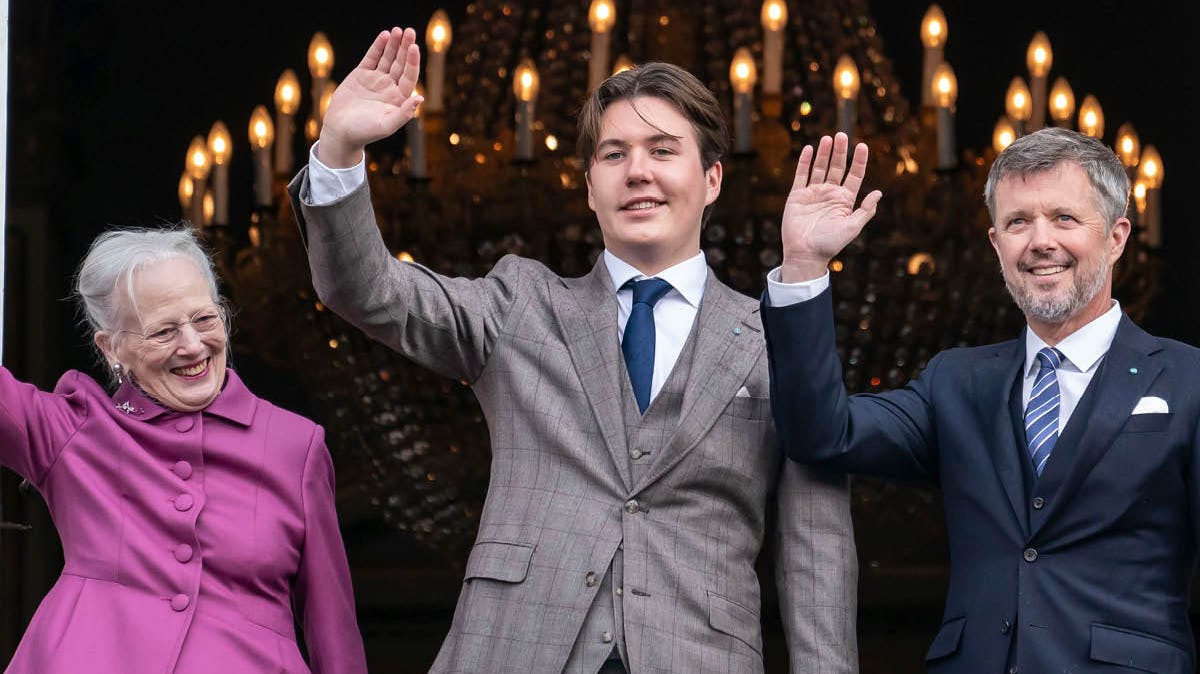 Dronning Margrethe, prins Christian og kronprins Frederik.