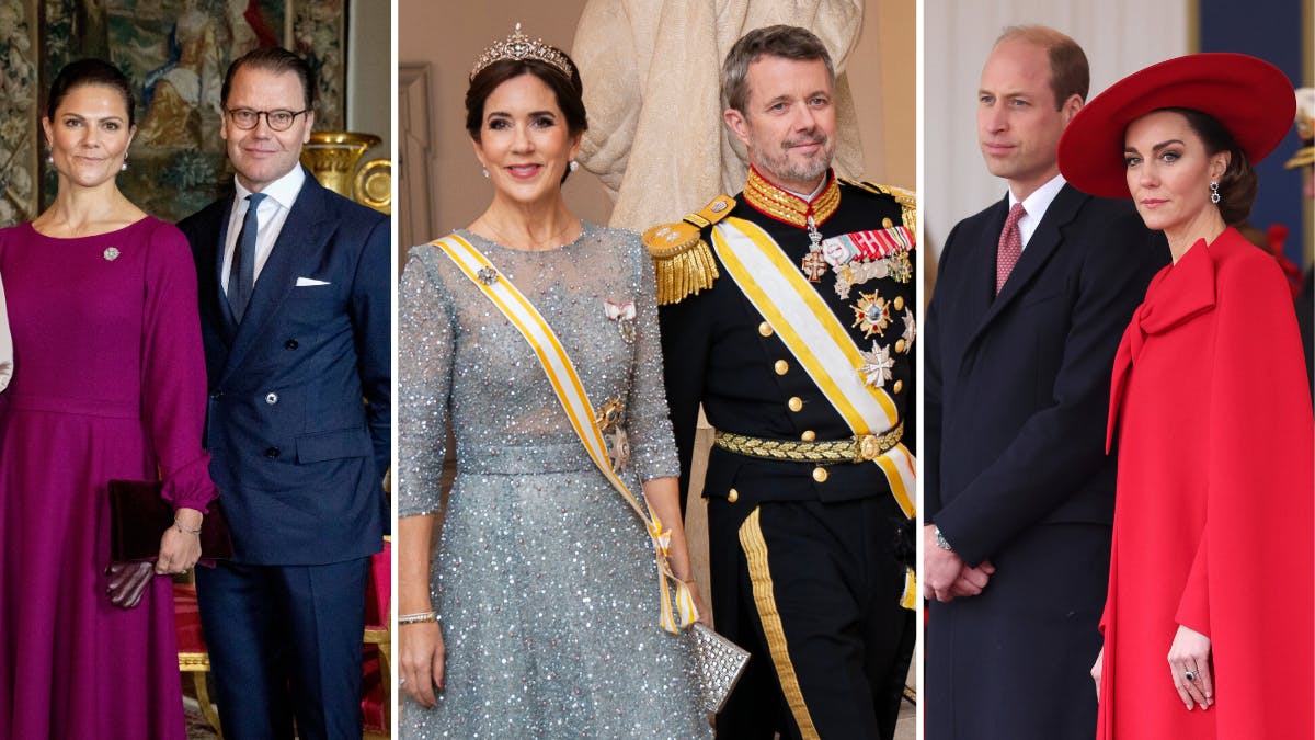 Sammensat foto: Kronprinsesse Victoria og prins Daniel, kronprinsesse Mary og kronprins Frederik, prins William og prinsesse Catherine.