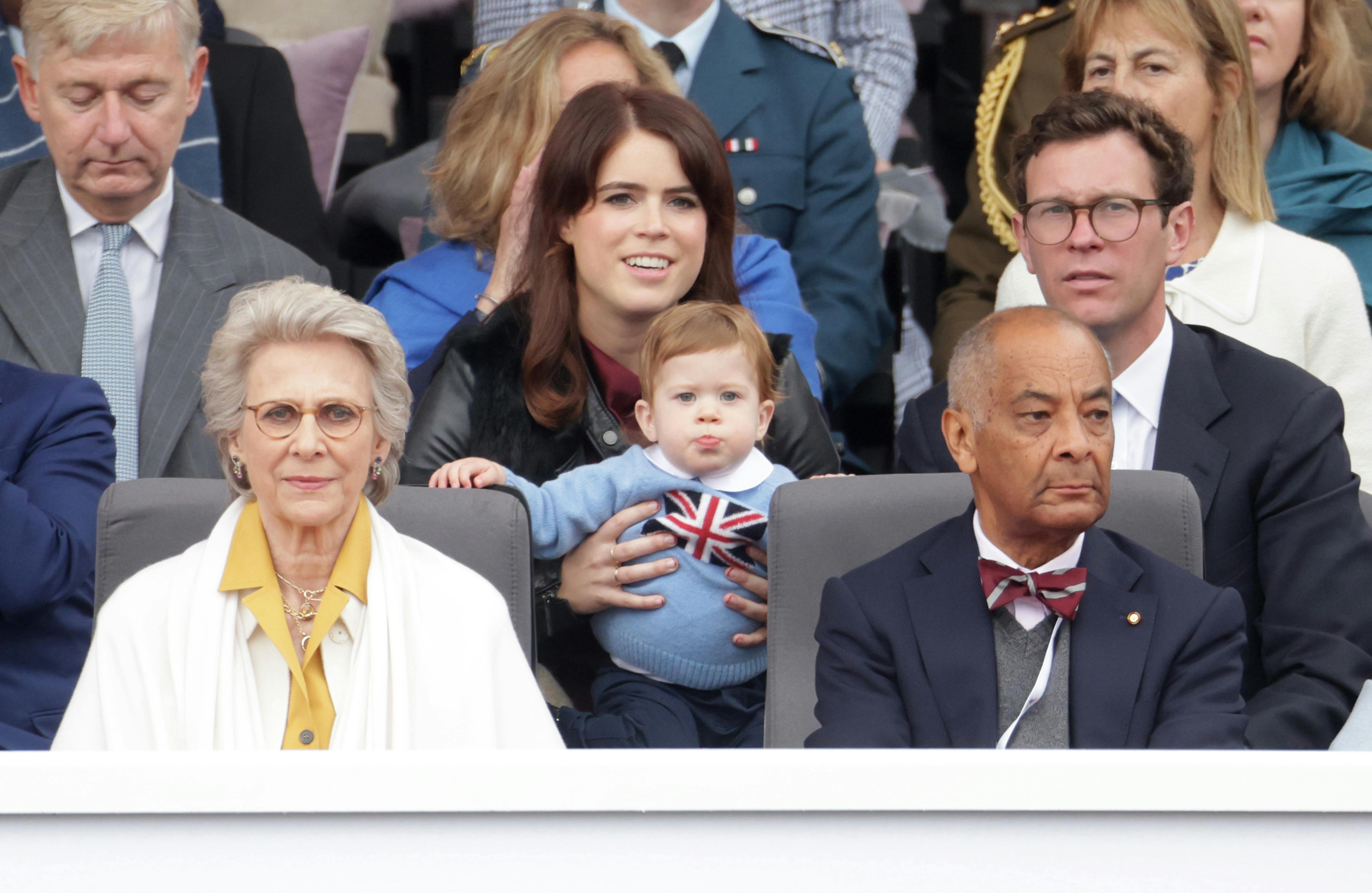 File photo dated 05/06/22 of Princess Eugenie and Jack Brooksbank with their son August Brooksbank during the Platinum Jubilee Pageant in front of Buckingham Palace, London. Ernest George Ronnie Brooksbank, a younger sibling for two-year-old August Brooksbank, has been born 13th in line to the throne in the King's coronation year to a delighted Princess Eugenie and her husband Jack Brooksbank. Issue date: Monday June 5, 2023.