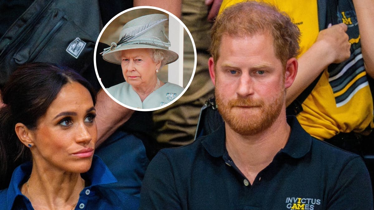 Hertuginde Meghan Markle, dronning Elizabeth og prins Harry. 