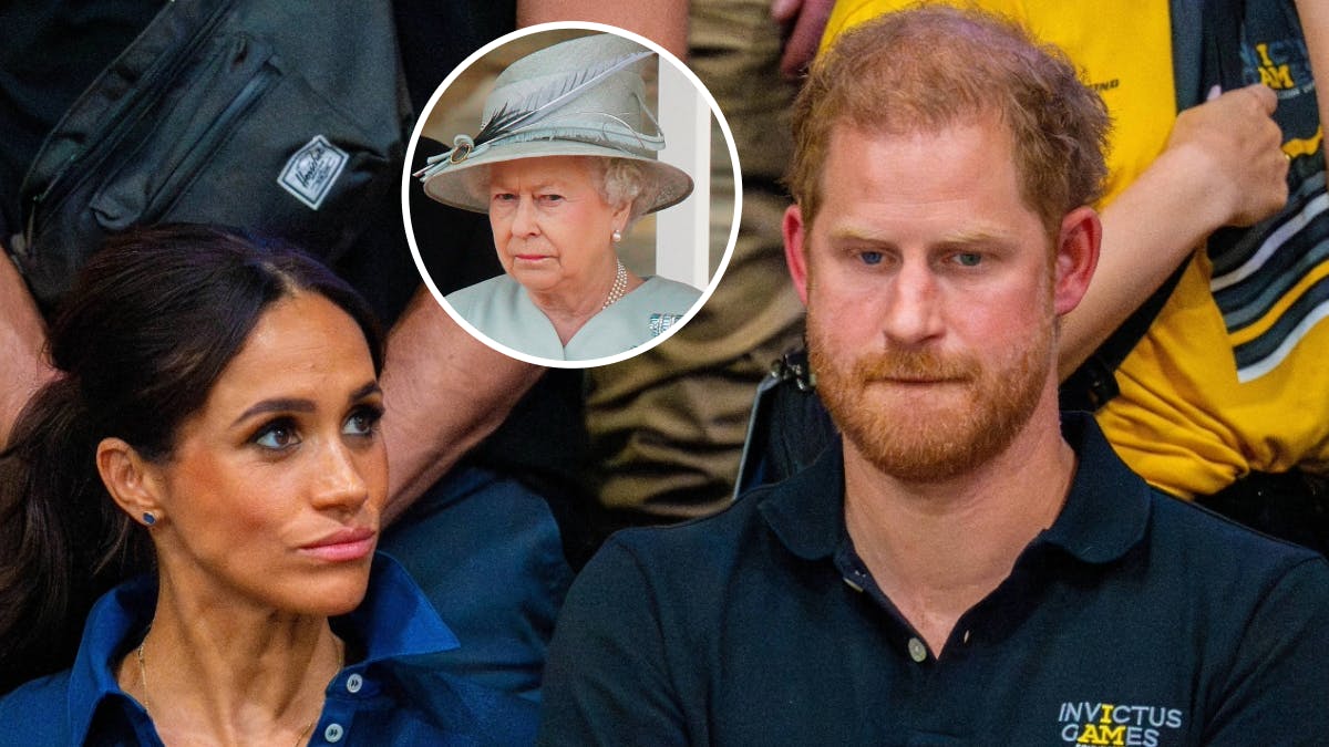 Meghan Markle, dronning Elizabeth og prins Harry.