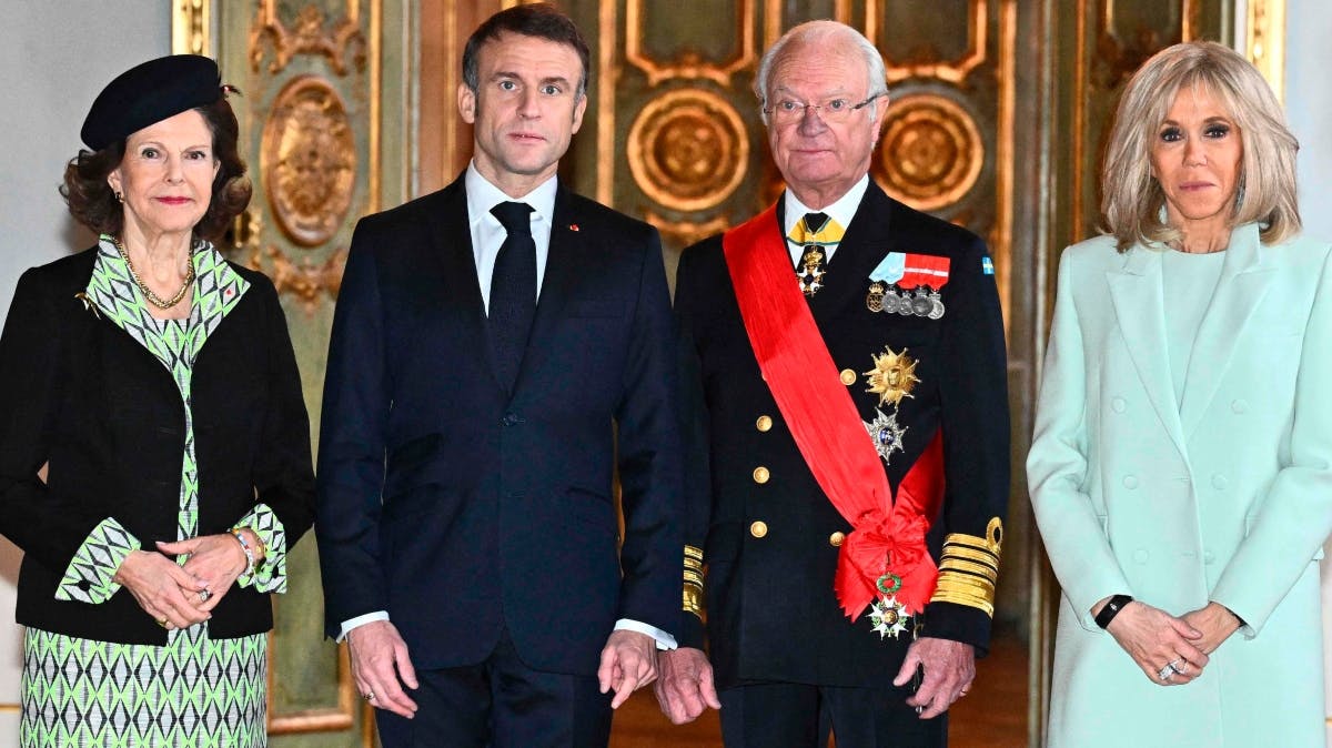 Dronning Silvia, præsident Emmanuel Macron, kong Carl Gustaf og præsidentfruen Brigitte Macron