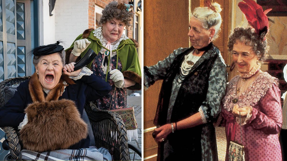 Daimi Gentle og Ragnhild Kaasgaard i rollerne som Misse og Fru Møghe samt et billede af samme karakterer i serien "Matador".