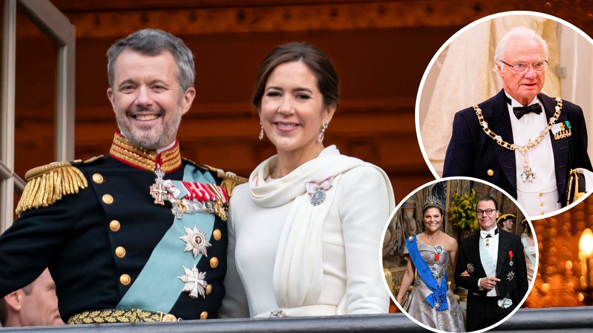 Kong Frederik og dronning Mary. Indsatte fotos af kong Carl Gustaf samt kronprinsesse Victoria og prins Daniel.&nbsp;