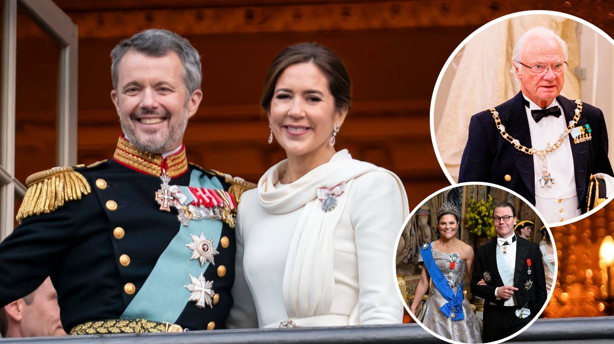 Kong Frederik og dronning Mary. Indsatte fotos af kong Carl Gustaf samt kronprinsesse Victoria og prins Daniel.&nbsp;