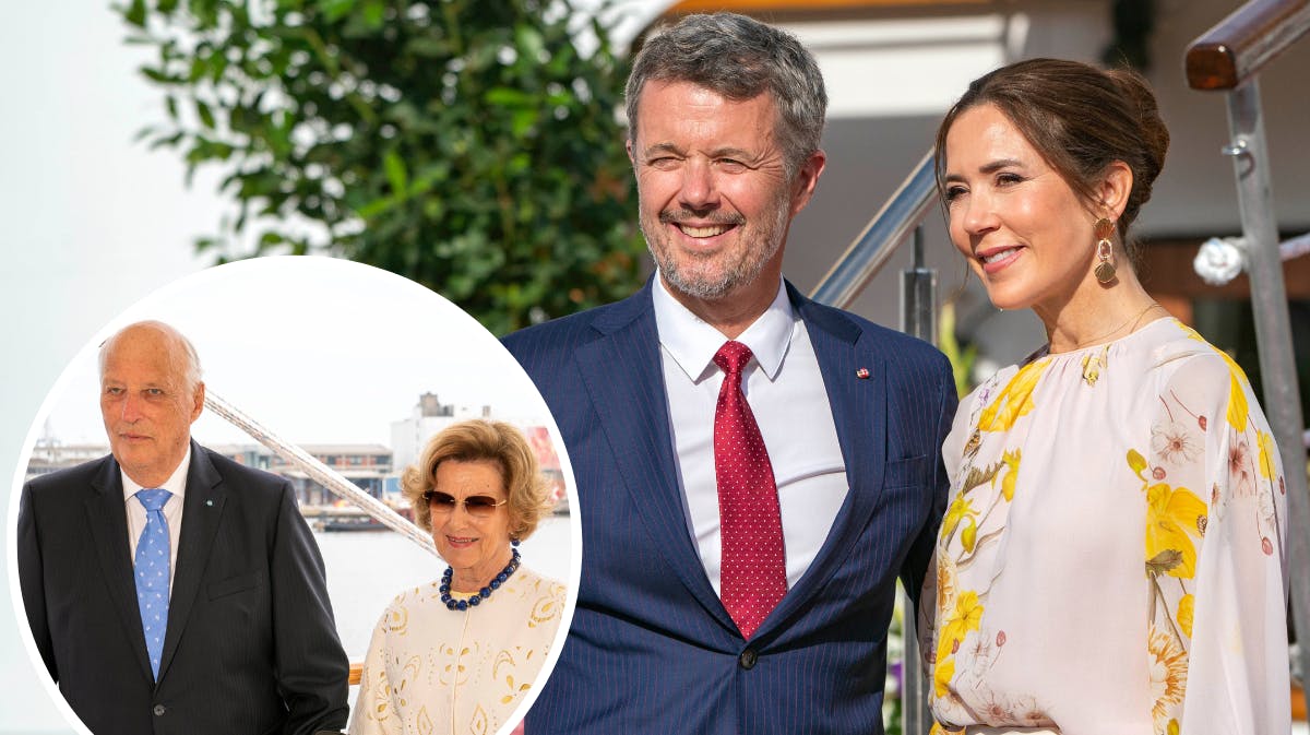 Kong Frederik og dronning Mary. Indsat foto af kong Harald og dronning Sonja.