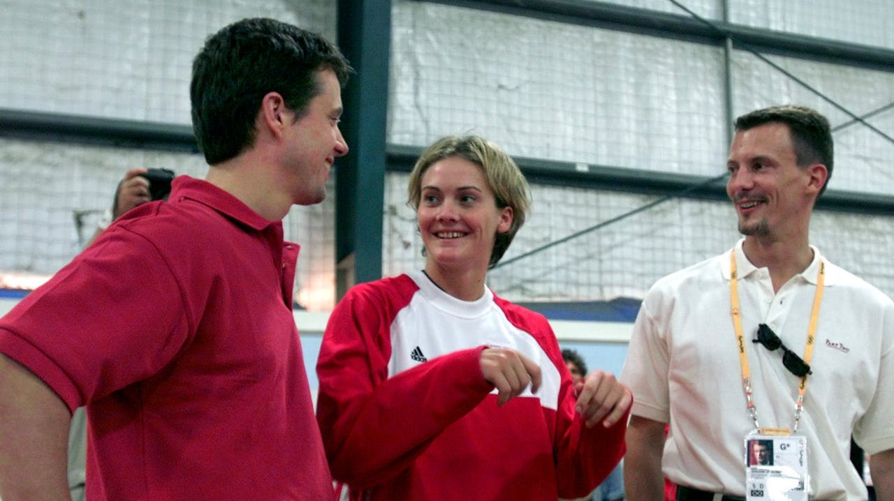 Frederik og prins Joachim under OL 2000 i Sydney sammen med Lotte Kiærskou. 