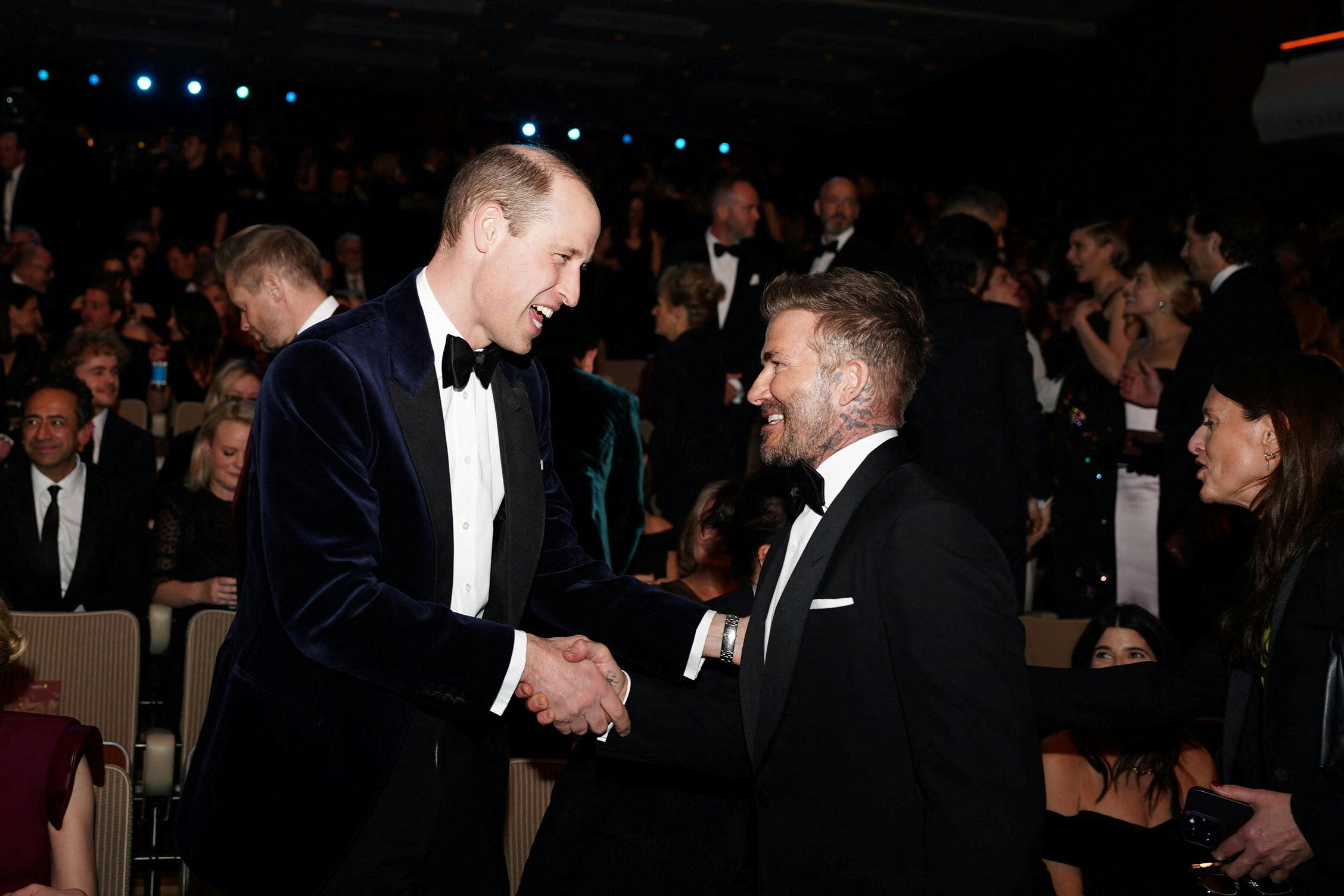 The Prince of Wales, president of Bafta, talks with David Beckham at the Bafta Film Awards 2024, at the Royal Festival Hall, Southbank Centre, London. Picture date: Sunday February 18, 2024. Jordan Pettitt/Pool via REUTERS