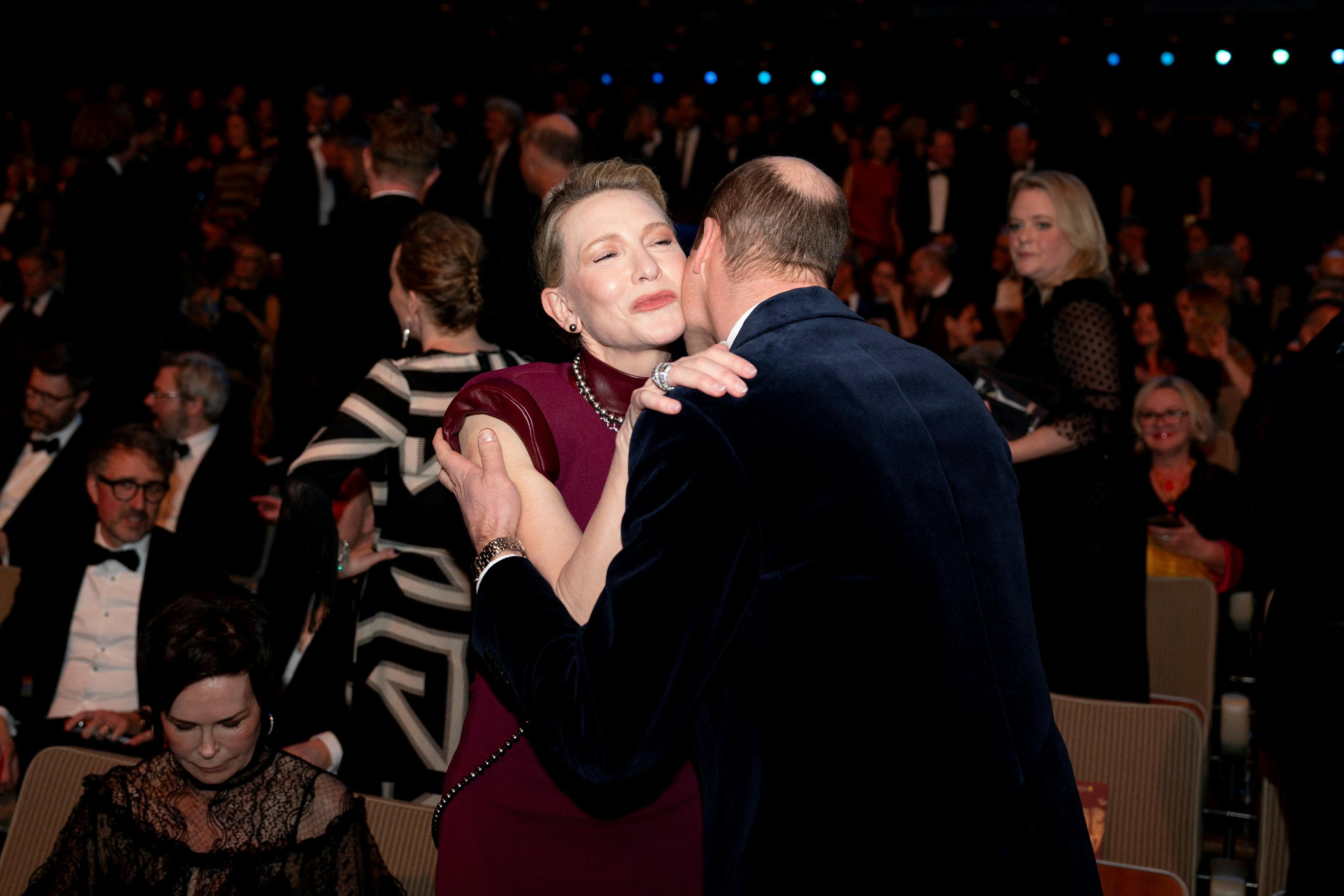 The Prince of Wales, president of Bafta, greets Cate Blanchett at the Bafta Film Awards 2024, at the Royal Festival Hall, Southbank Centre, London. Picture date: Sunday February 18, 2024. Jordan Pettitt/Pool via REUTERS