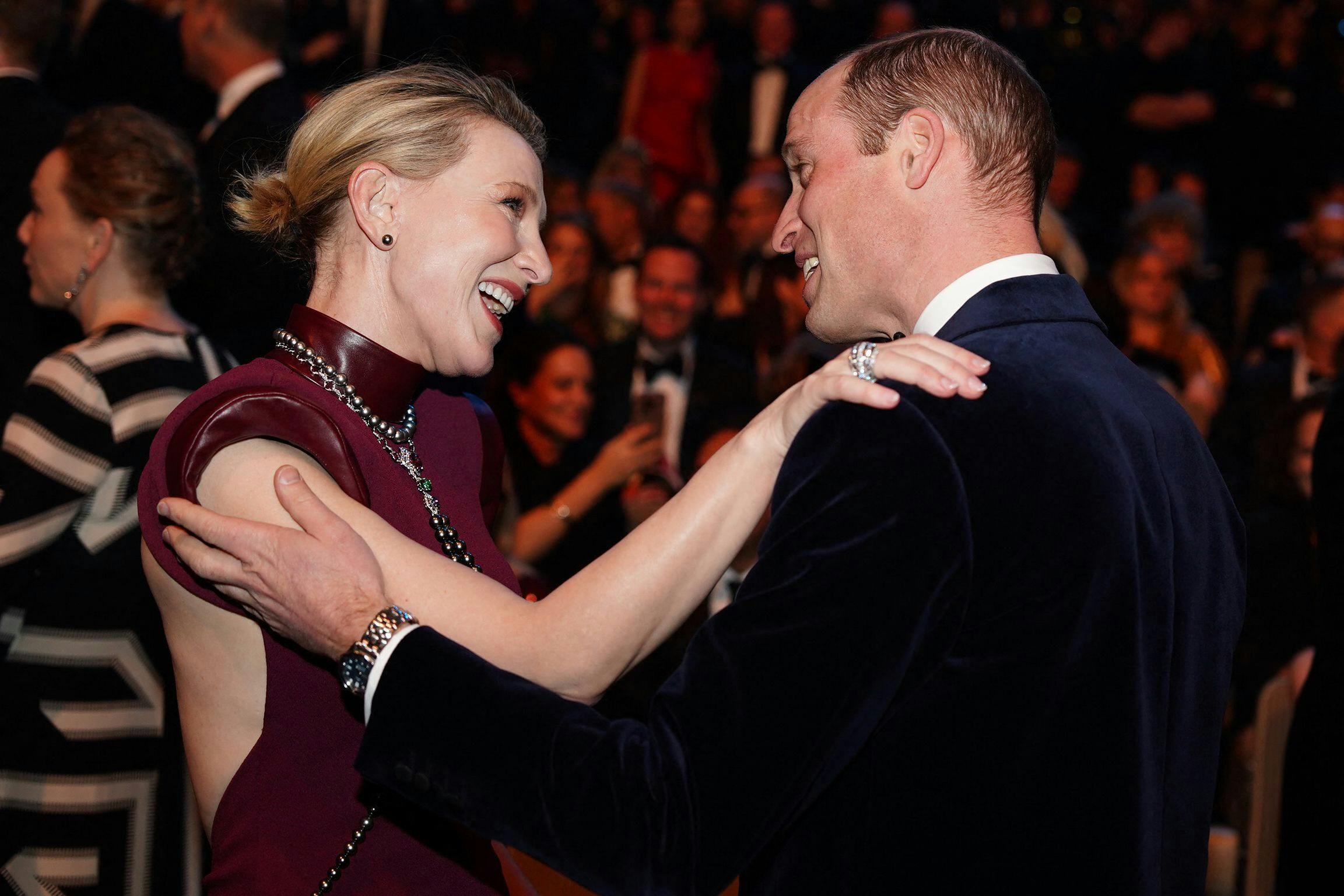 Britain's Prince William, Prince of Wales, president of Bafta, talks with US-Australian actress Cate Blanchett during the BAFTA British Academy Film Awards at the Royal Festival Hall, Southbank Centre, in London, on February 18, 2024. (Photo by Jordan Pettitt / POOL / AFP)