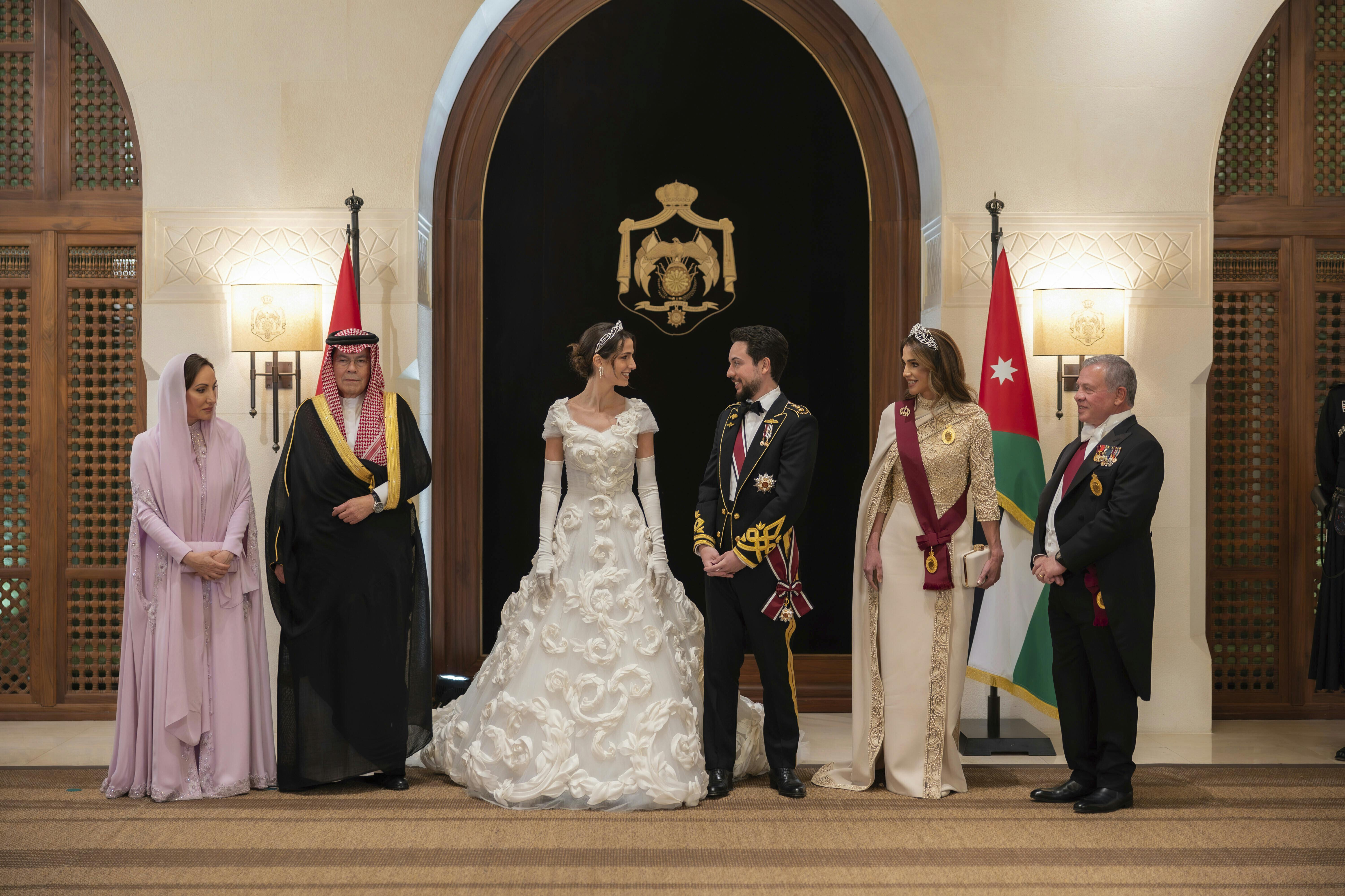 King Abdullah II bin al-Hoessein and Queen Rania Al-Abdullah of Jordan, Crown Prince Al Hussein bin Abdullah II and Miss Rajwa Alseif and parents in Amman, on June 01, 2023, Photo by: Royal Hashemite Court/picture-alliance/dpa/AP Images