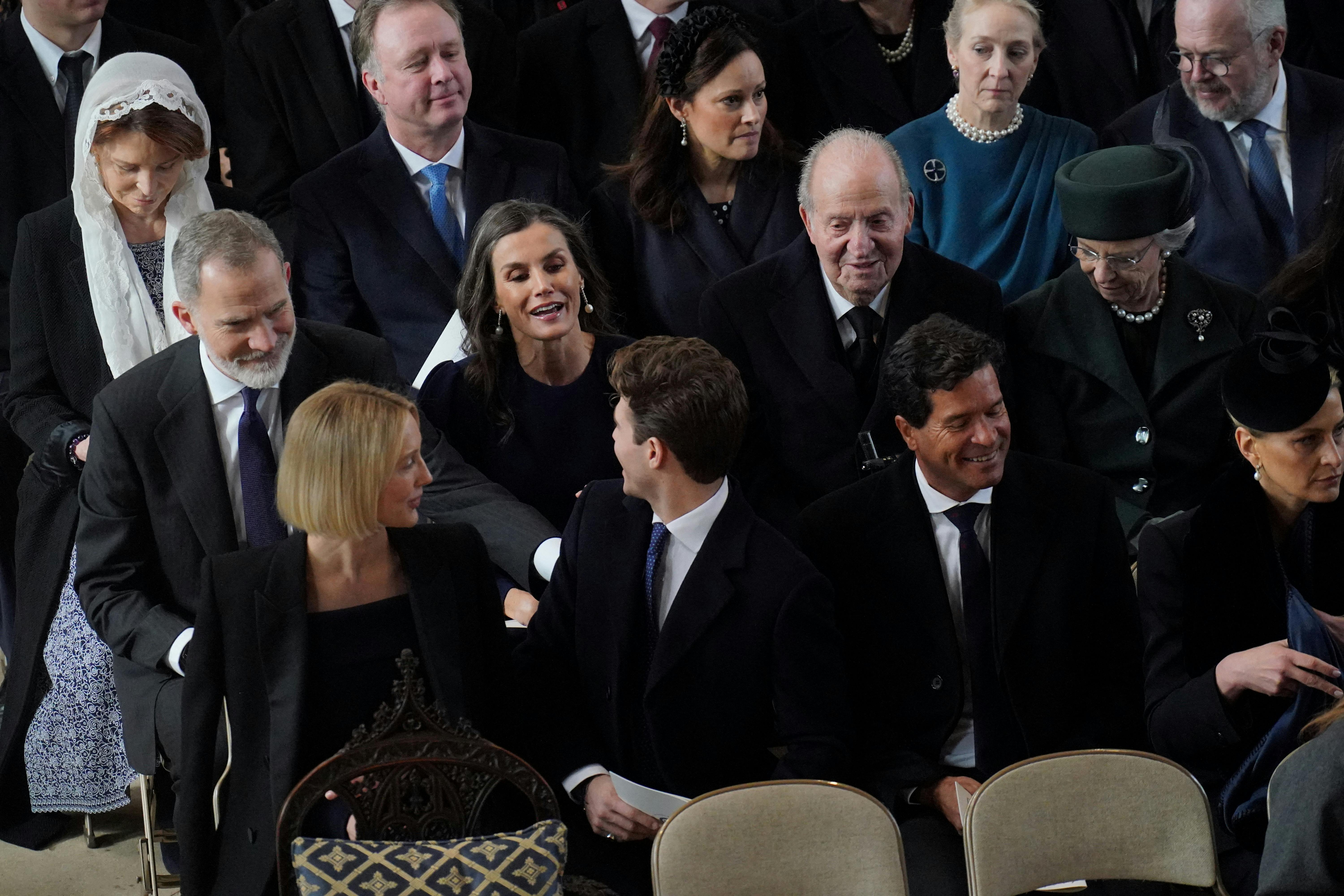 Princess Olympia of Greece, Prince Achilleas of Greece, Carlos Morales and Princess Tatiana of Greece joined by King Felipe of Spain, Queen Letizia of Spain, King Juan Carlos of Spain and Princess Benedikte of Denmark attend a thanksgiving service for the life of King Constantine of the Hellenes at St George's Chapel, in Windsor Castle, Berkshire, Britain. Picture date: Tuesday February 27, 2024. Jonathan Brady/Pool via REUTERS