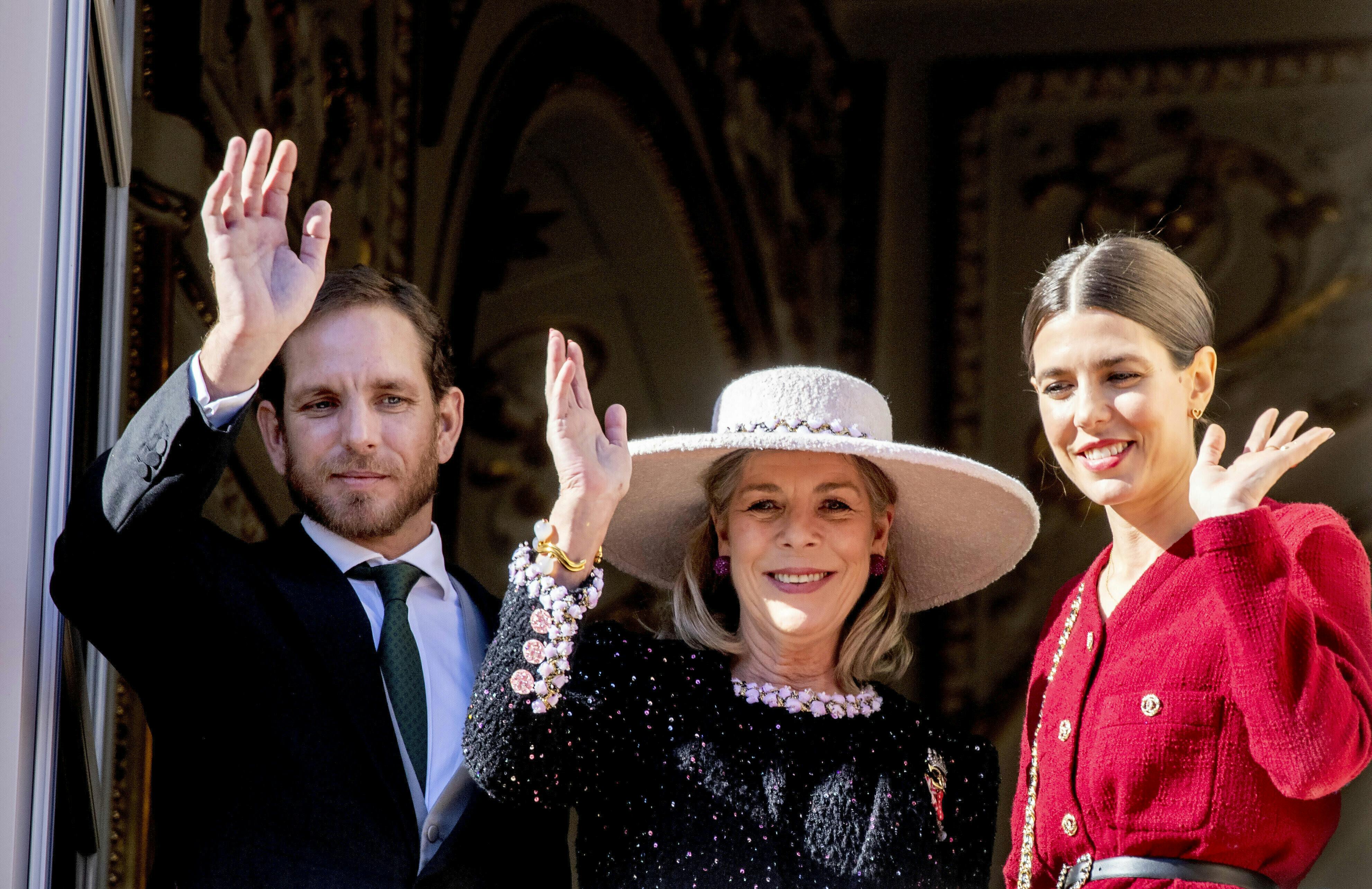 Princess Caroline of Hanover, Andrea Casiraghi and Charlotte Casiraghi of Monaco on the balcony of the Princely Palace in Monaco-Ville, on November 19, 2023, during the Monaco national day celebrations Photo by: Albert Nieboer/picture-alliance/dpa/AP Images