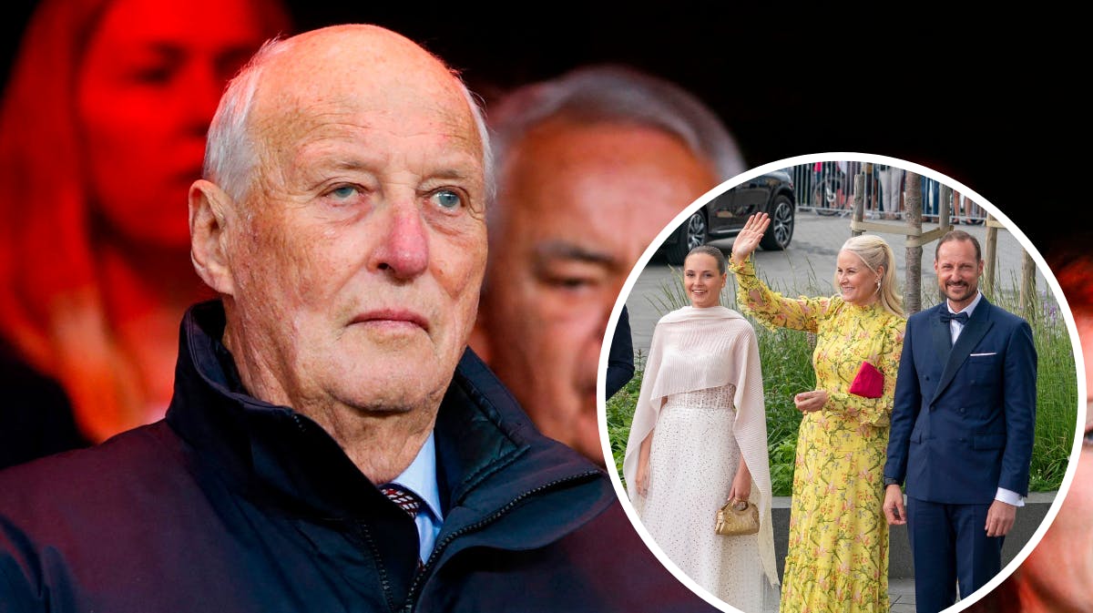 Kong Harald. Indsat foto: Prinsesse Ingrid Alexandra, kronprinsesse Mette-Marit og kronprins Haakon