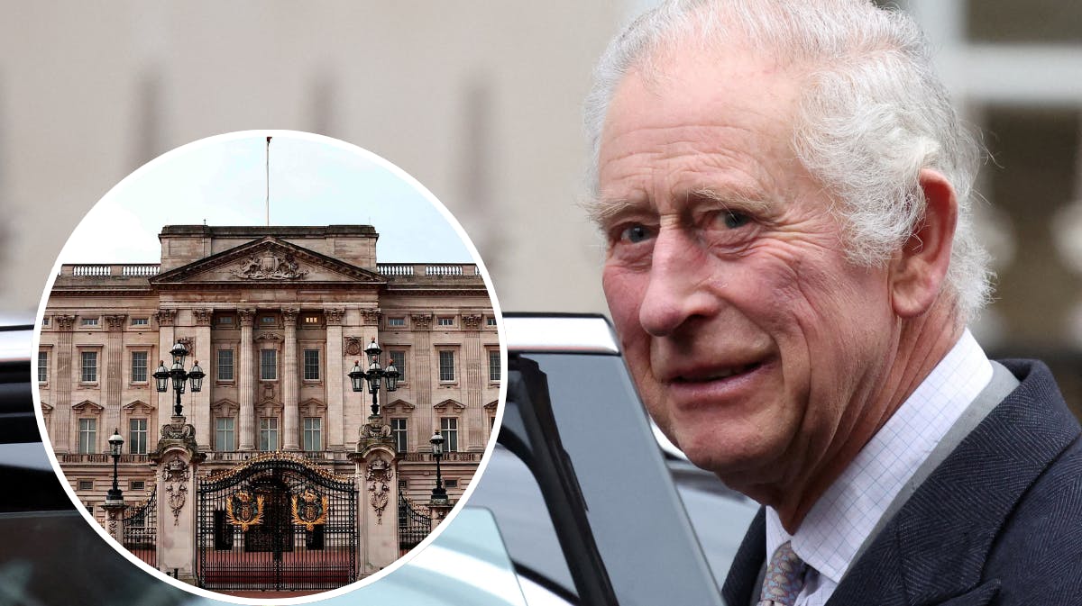 Kong Charles. Indsat foto af Buckingham Palace. 