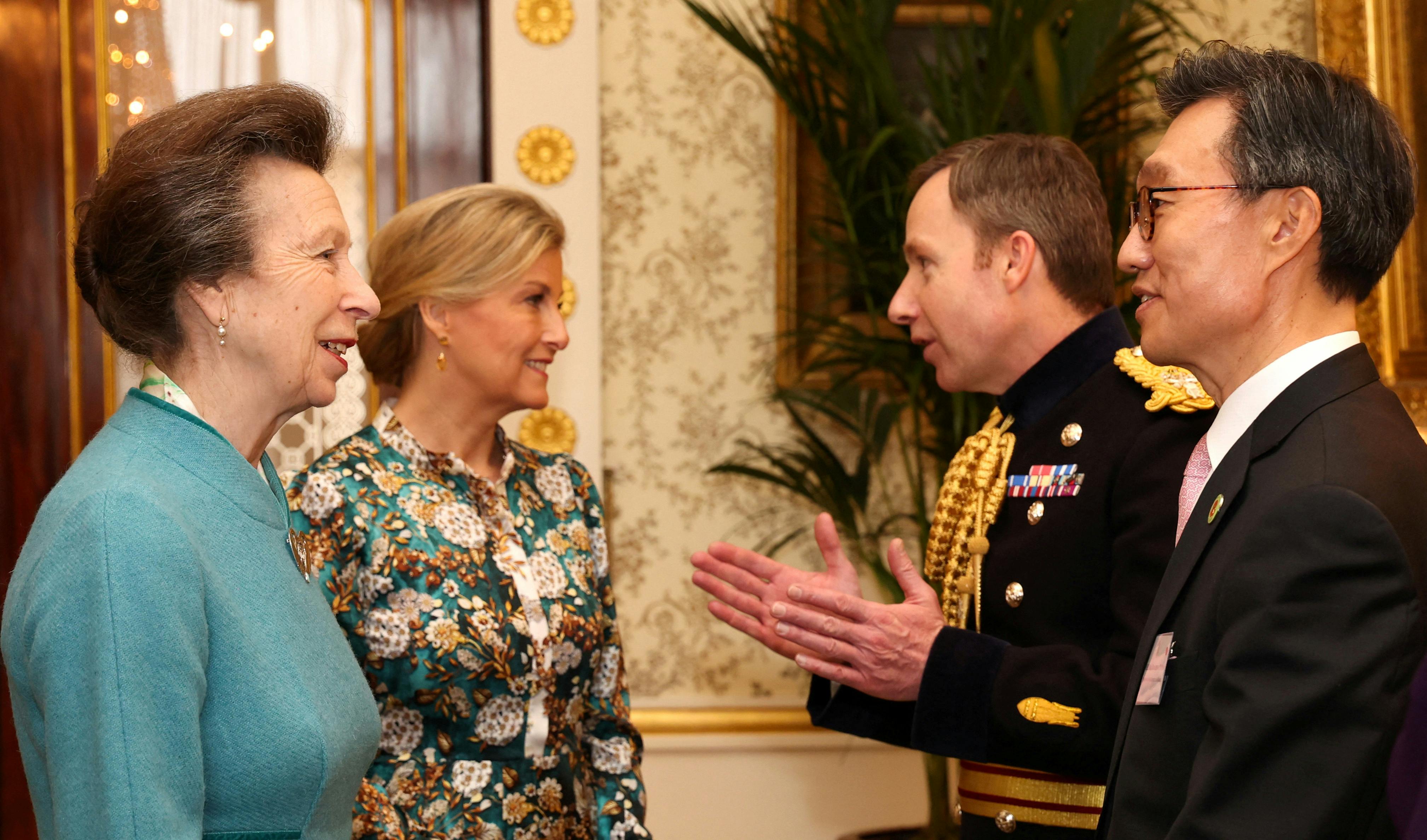 Britain's Princess Anne, Princess Royal, and Britain's Sophie, Duchess of Edinburgh, speak with Major General Eldon Millar and Yoon Yeocheol, South Korea's Ambassador to the UK, during a reception for Korean war veterans, which they hosted on behalf of Britain's King Charles in London, England, March 19, 2024. Tristan Fewings/Pool via REUTERS