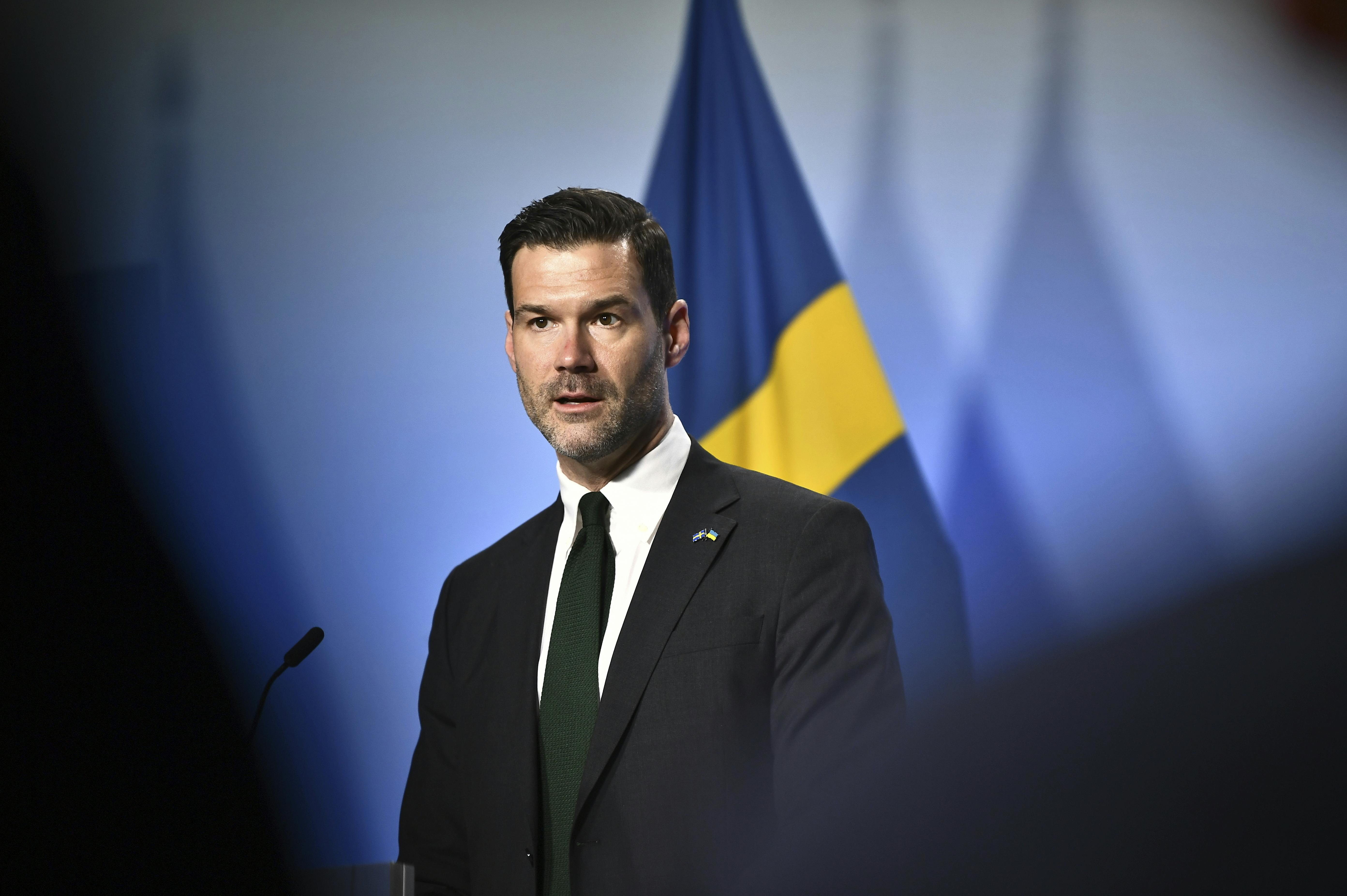 Sweden's Foreign Trade Minister Johan Forssell speaks during a press conference in connection with the informal meeting of EU trade ministers, outside Stockholm, Sweden, Friday March 10, 2023. (Caisa Rasmussen/TT News Agency via AP)