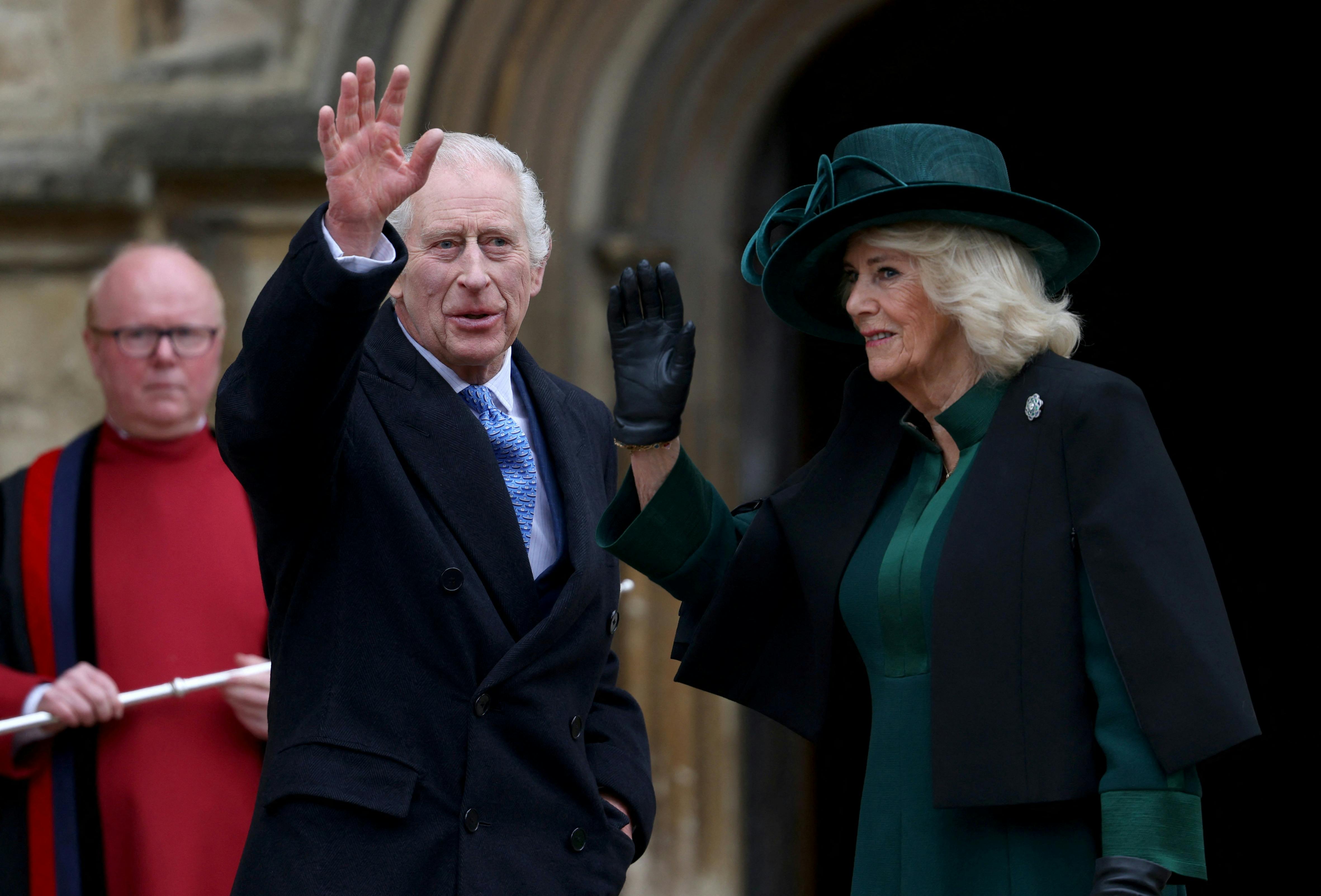 Britain's King Charles and Queen Camilla arrive to attend the Easter Matins Service at St. George's Chapel, Windsor Castle, Britain March 31, 2024. REUTERS/Hollie Adams/Pool