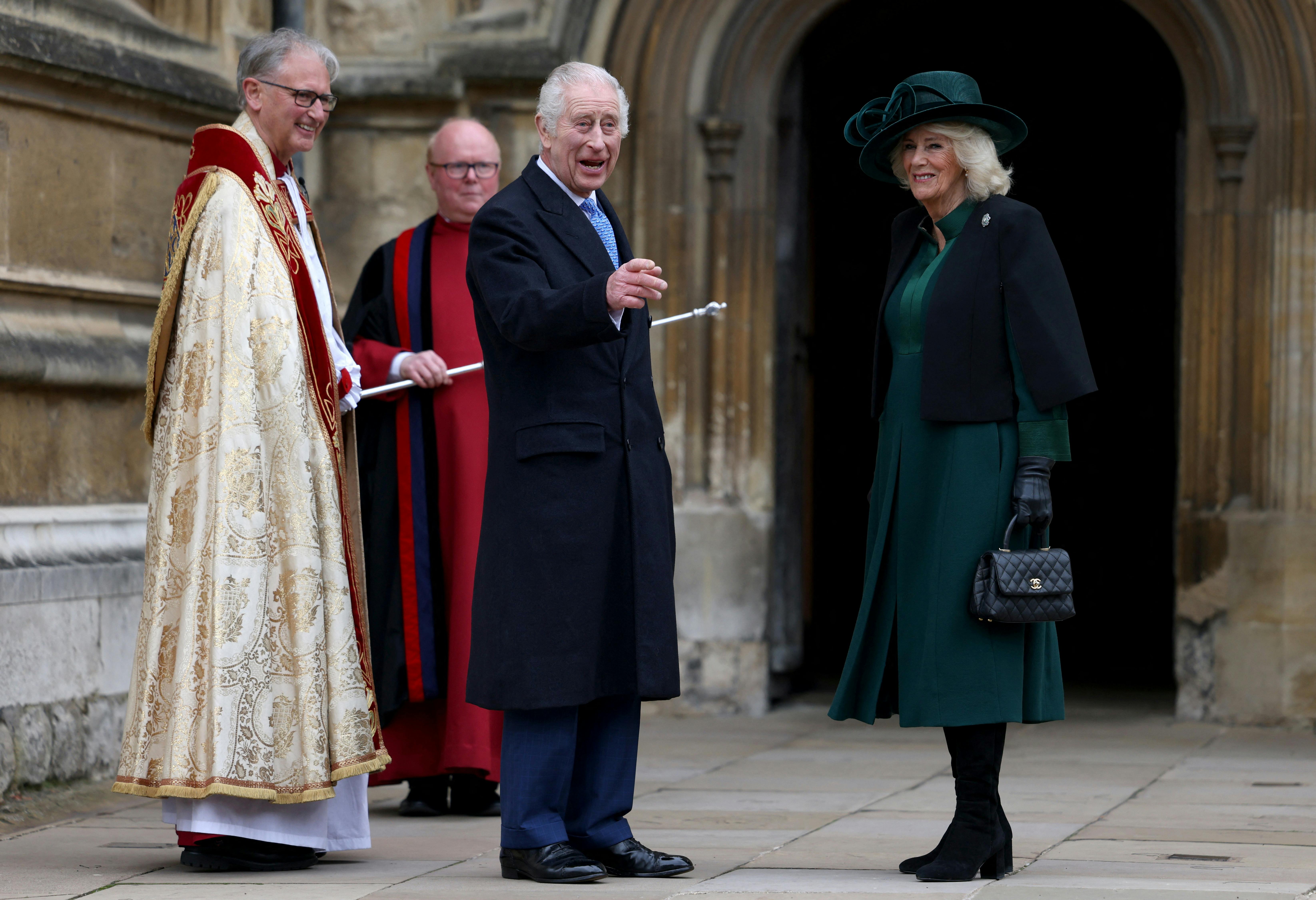 Britain's King Charles and Queen Camilla arrive to attend the Easter Matins Service at St. George's Chapel, Windsor Castle, Britain March 31, 2024. REUTERS/Hollie Adams/Pool