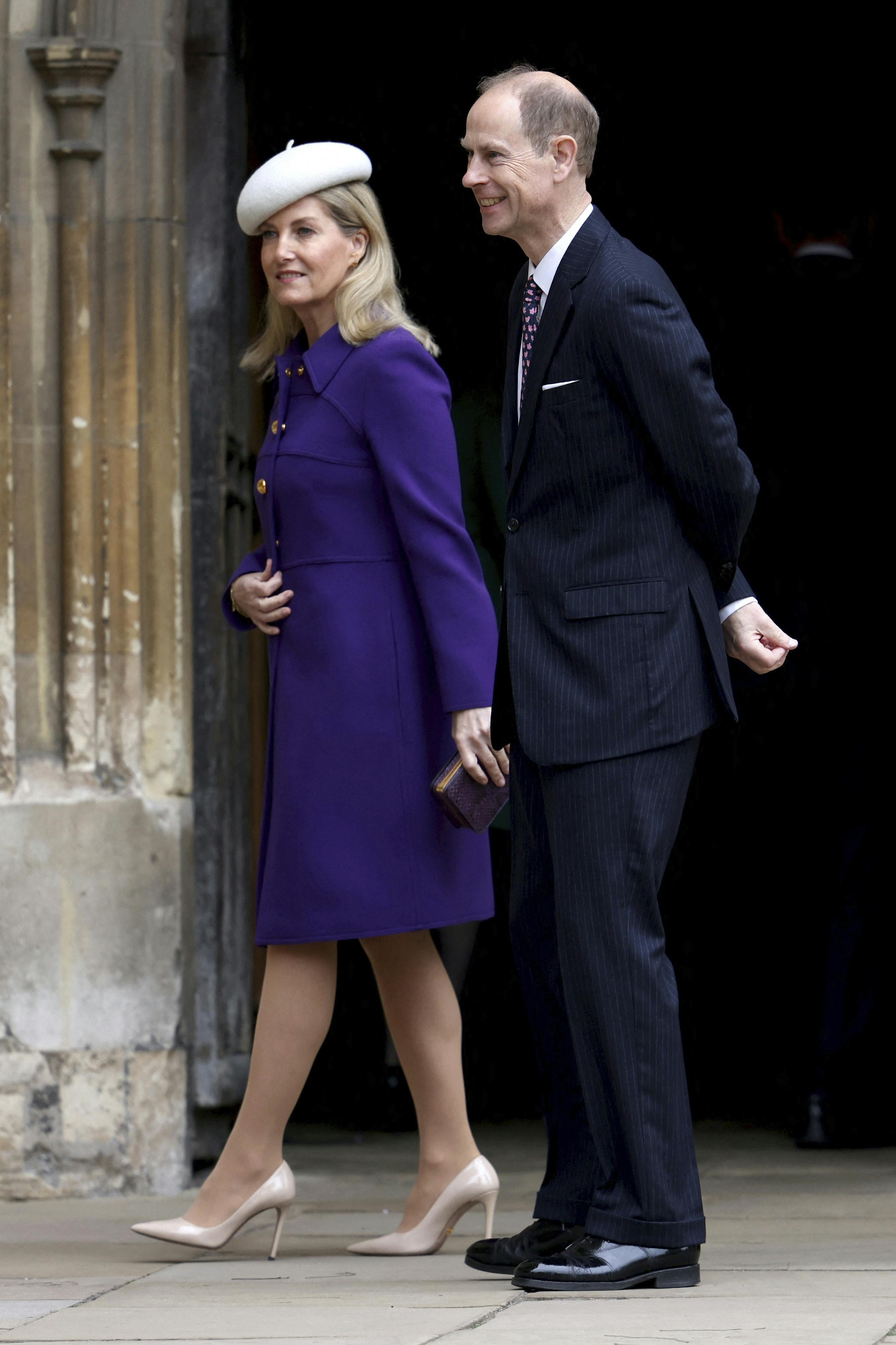 Britain's Sophie, Duchess of Edinburgh, left, and Prince Edward arrive to attend the Easter Matins Service at St. George's Chapel, Windsor Castle, England, Sunday, March 31, 2024. (Hollie Adams/Pool Photo via AP)