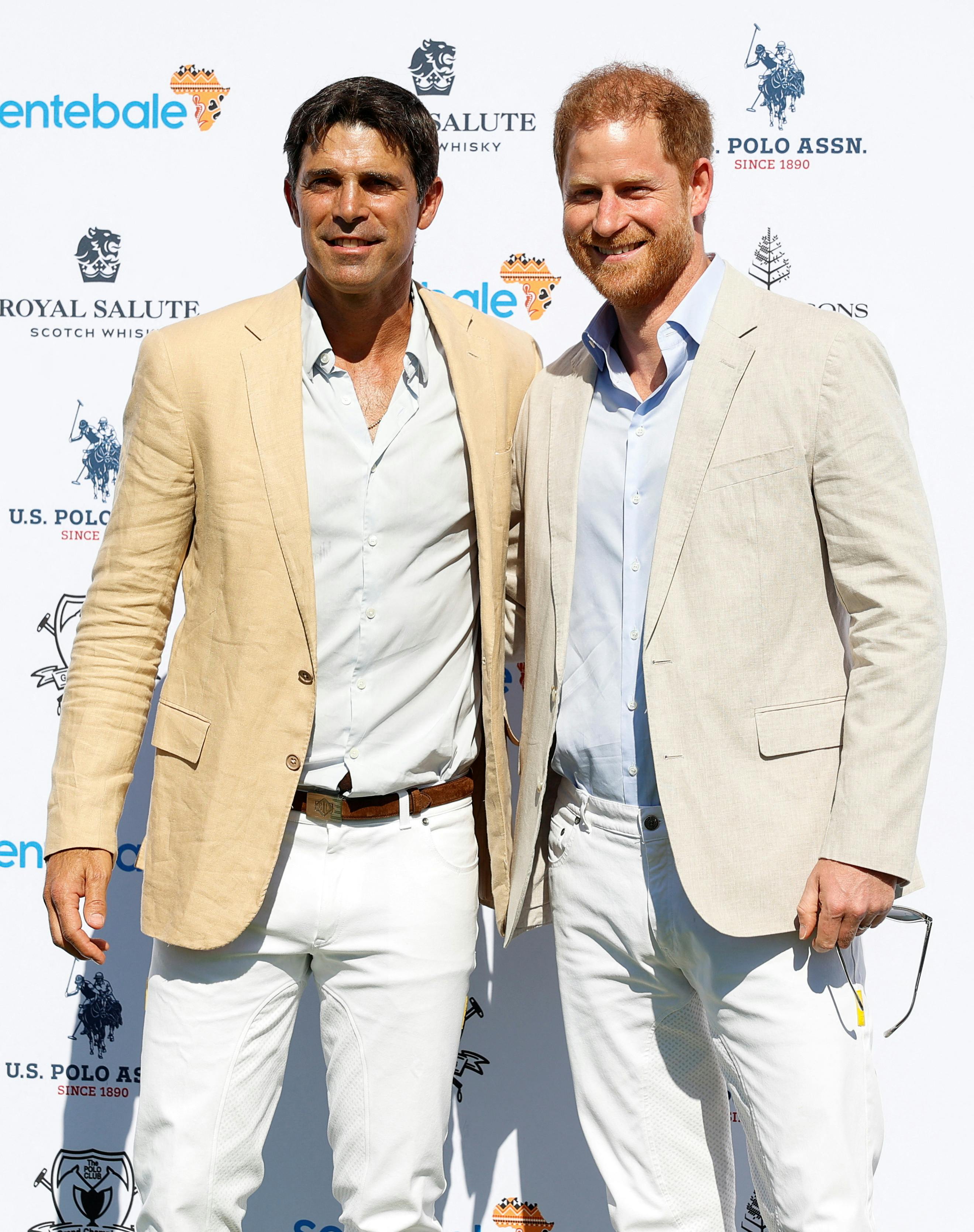 Britain's Prince Harry and Argentine polo player Nacho Figueras attend the Royal Salute Polo Challenge to benefit Sentebale, a charity founded by Prince Harry and Prince Seeiso of Lesotho to support children in Lesotho and Botswana, in Wellington, Florida, U.S., April 12, 2024. REUTERS/Marco Bello