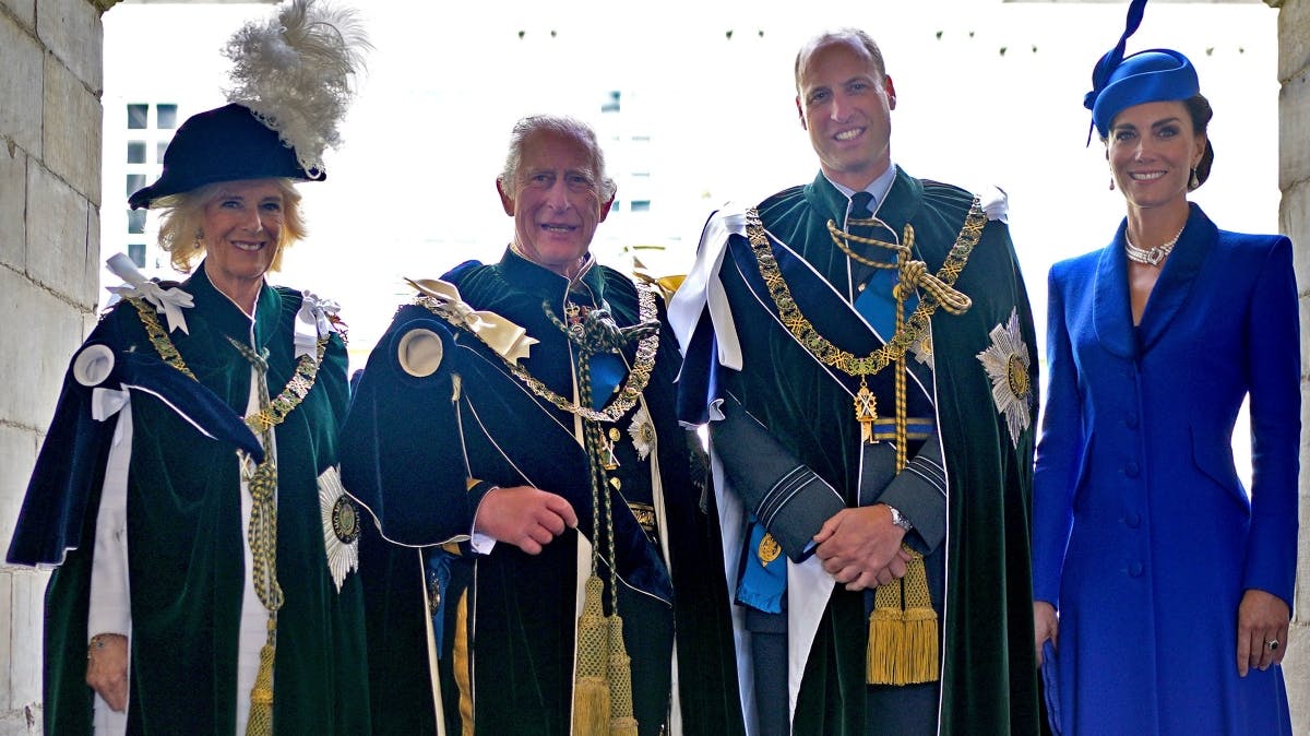 Dronning Camilla, kong Charles, prins William og prinsesse Catherine.