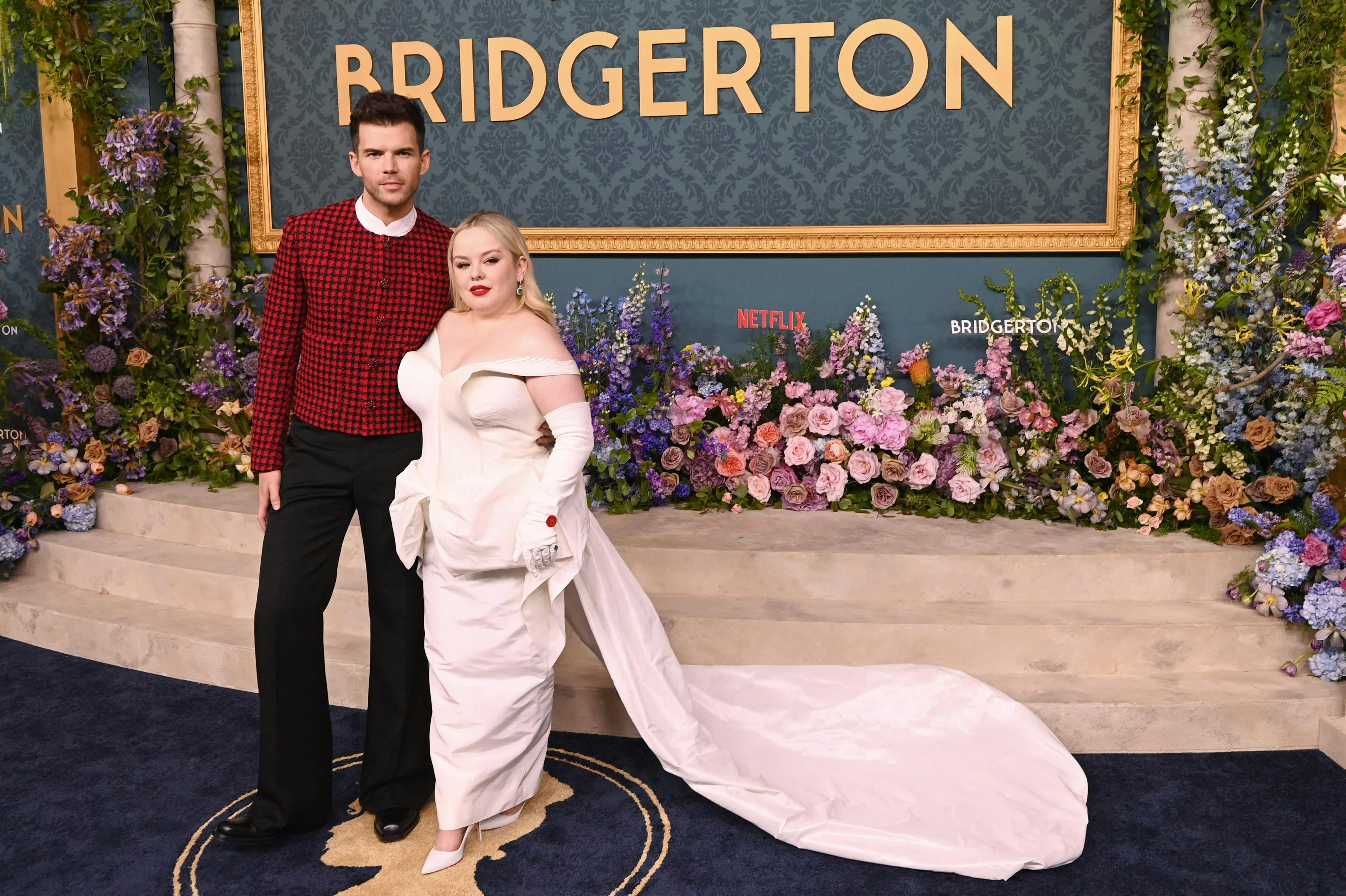 Irish actress Nicola Coughlan and English actor Luke Newton arrive for Netflix's "Bridgerton Season 3" premiere at Alice Tully Hall on May 13, 2024, in New York City. (Photo by ANDREA RENAULT / AFP)