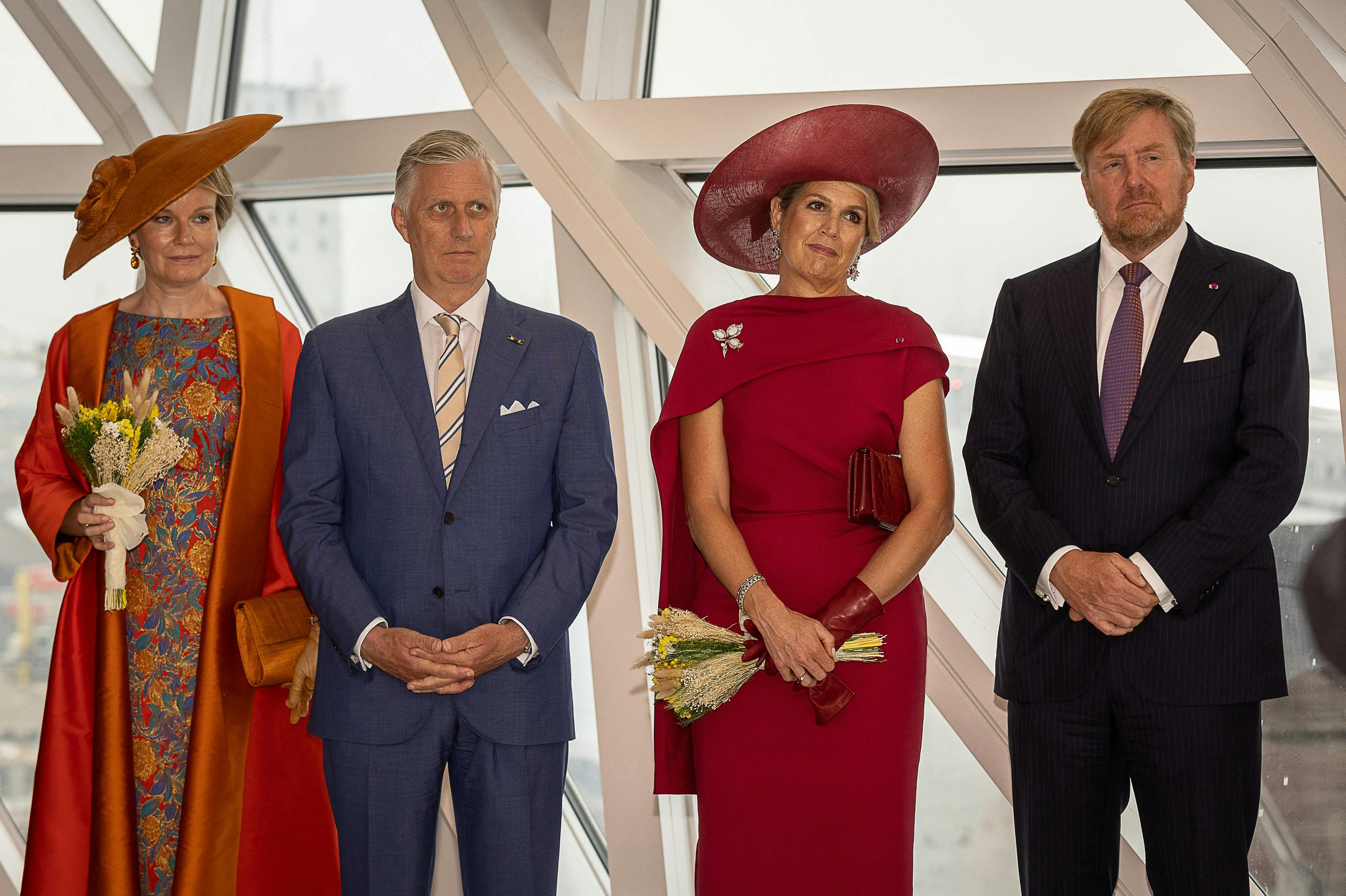 (L to R) Queen Mathilde and King Philippe of Belgium with Queen Maxima and King Willem-Alexander of Netherlands attend a visit to Havenhuis in the port of Antwerp, on the third and final day of the official state visit of the Dutch royal couple to Belgium, in Antwerp, on June 22, 2023. JAMES ARTHUR GEKIERE / Belga / AFP
