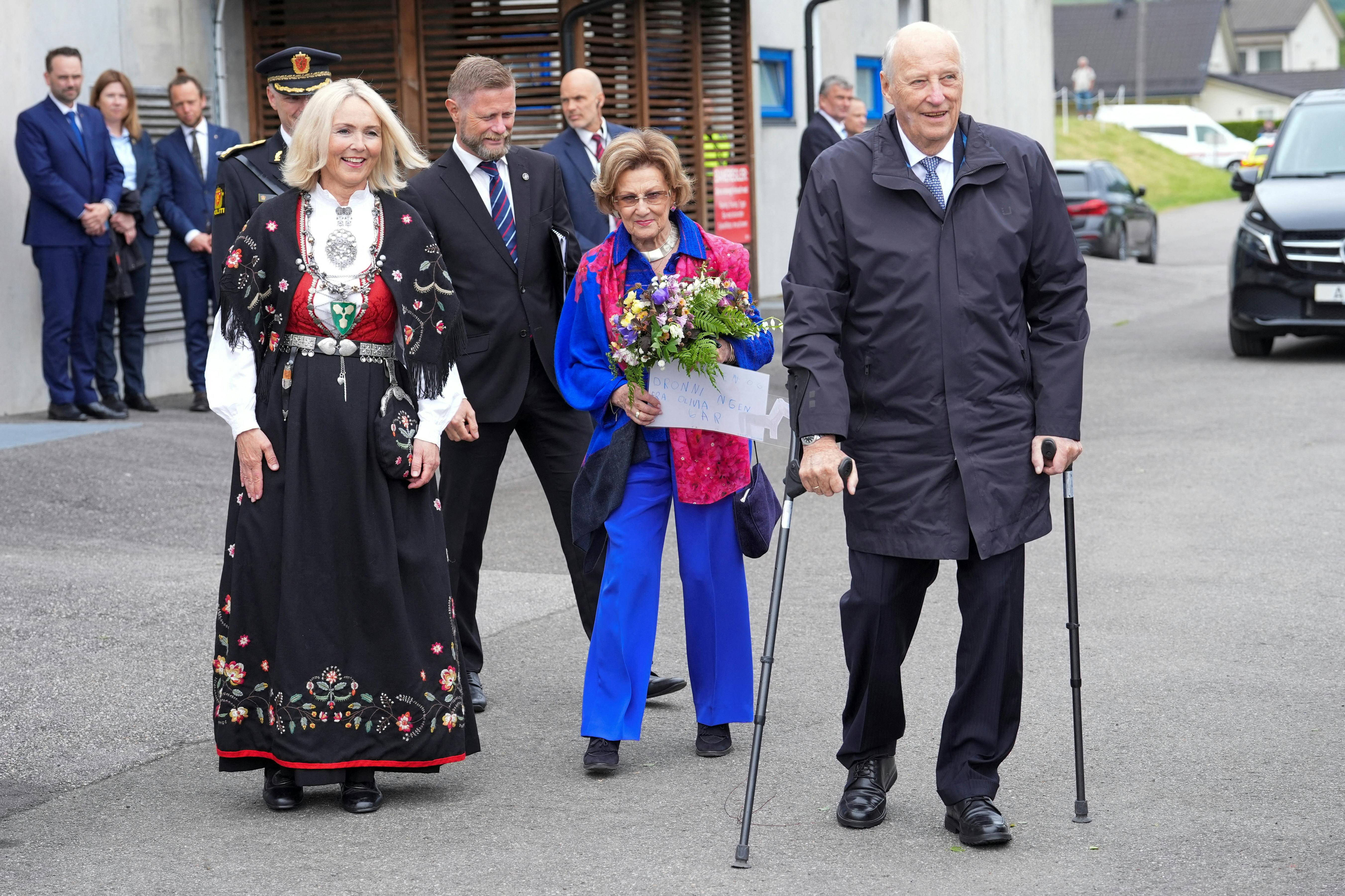 Norway's King Harald and Queen Sonja visit Moi in Lund municipality in Rogaland in connection with the county visits to Agder and Rogaland in Norway, May 28, 2024. NTB/Lise Aserud via REUTERS ATTENTION EDITORS - THIS IMAGE WAS PROVIDED BY A THIRD PARTY. NORWAY OUT.NO COMMERCIAL OR EDITORIAL SALES IN NORWAY.