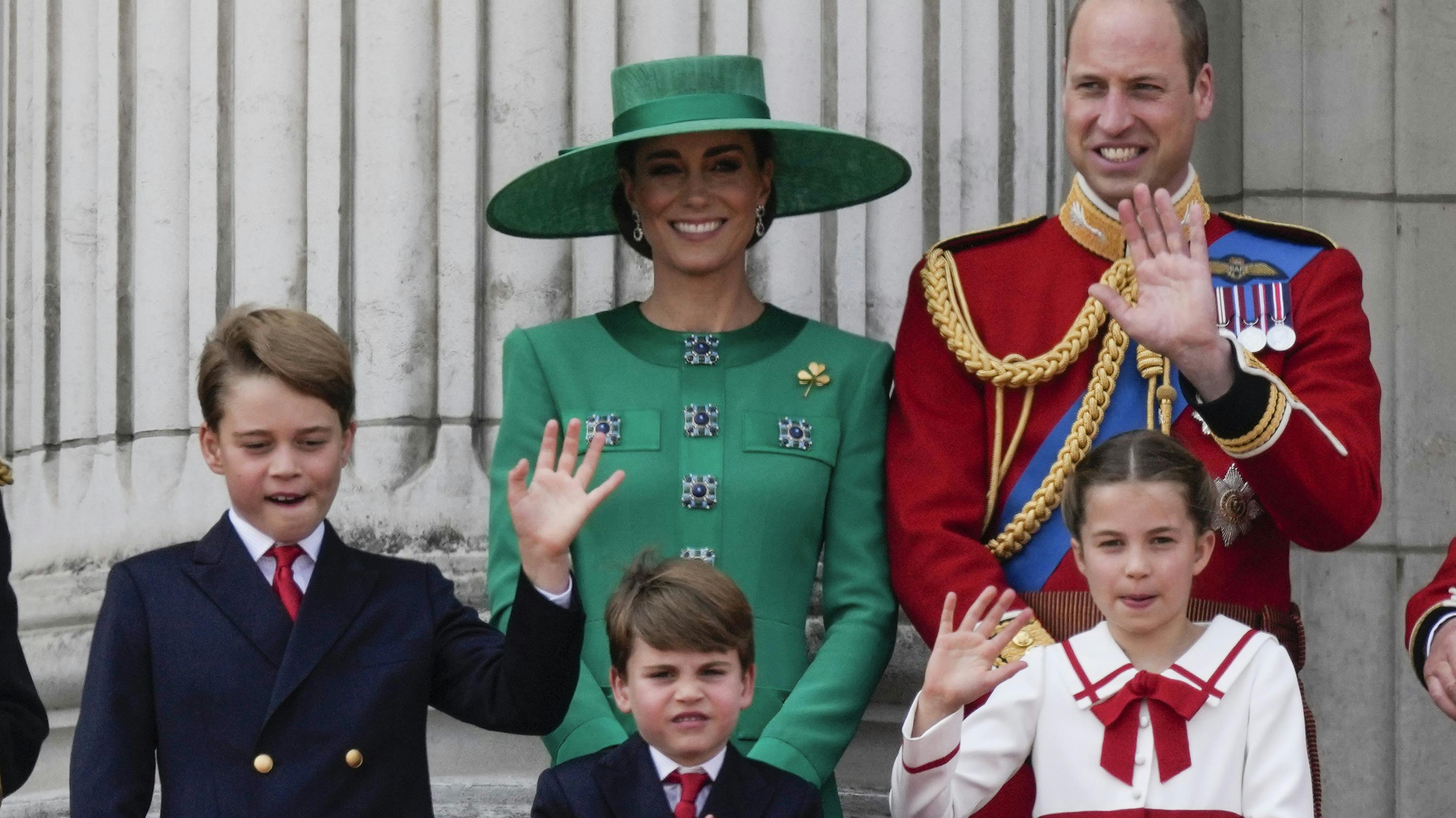 Prince William, right, Kate, Princess of Wales, centre, Princess Charlotte, bottom right, Prince George, left, and Prince Louis greet the crowd from the balcony of Buckingham Palace after the Trooping The Colour parade, in London, Saturday, June 17, 2023. Trooping the Colour is the King's Birthday Parade and one of the nation's most impressive and iconic annual events attended by almost every member of the Royal Family.(AP Photo/Alastair Grant)