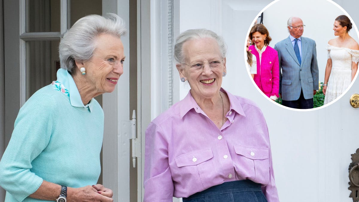 Dronning Margrethe og prinsesse Benedikte. Indsat foto: Dronning Silvia, kong Carl Gustaf og kronprinsesse Victoria.&nbsp;