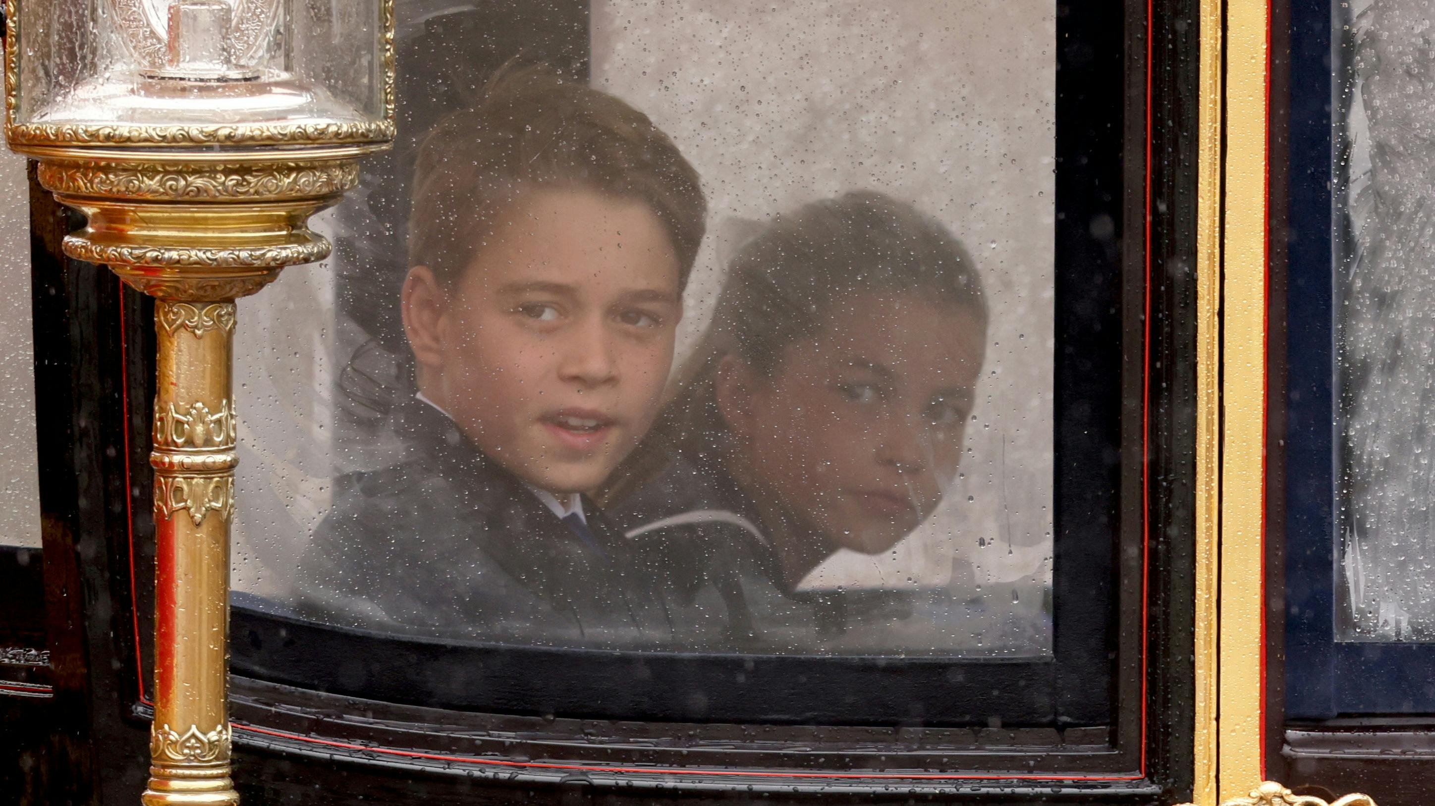 Britain's Princess Charlotte and Prince George attend the Trooping the Colour parade to honour Britain's King Charles on his official birthday in London, Britain, June 15, 2024. REUTERS/Hollie Adams