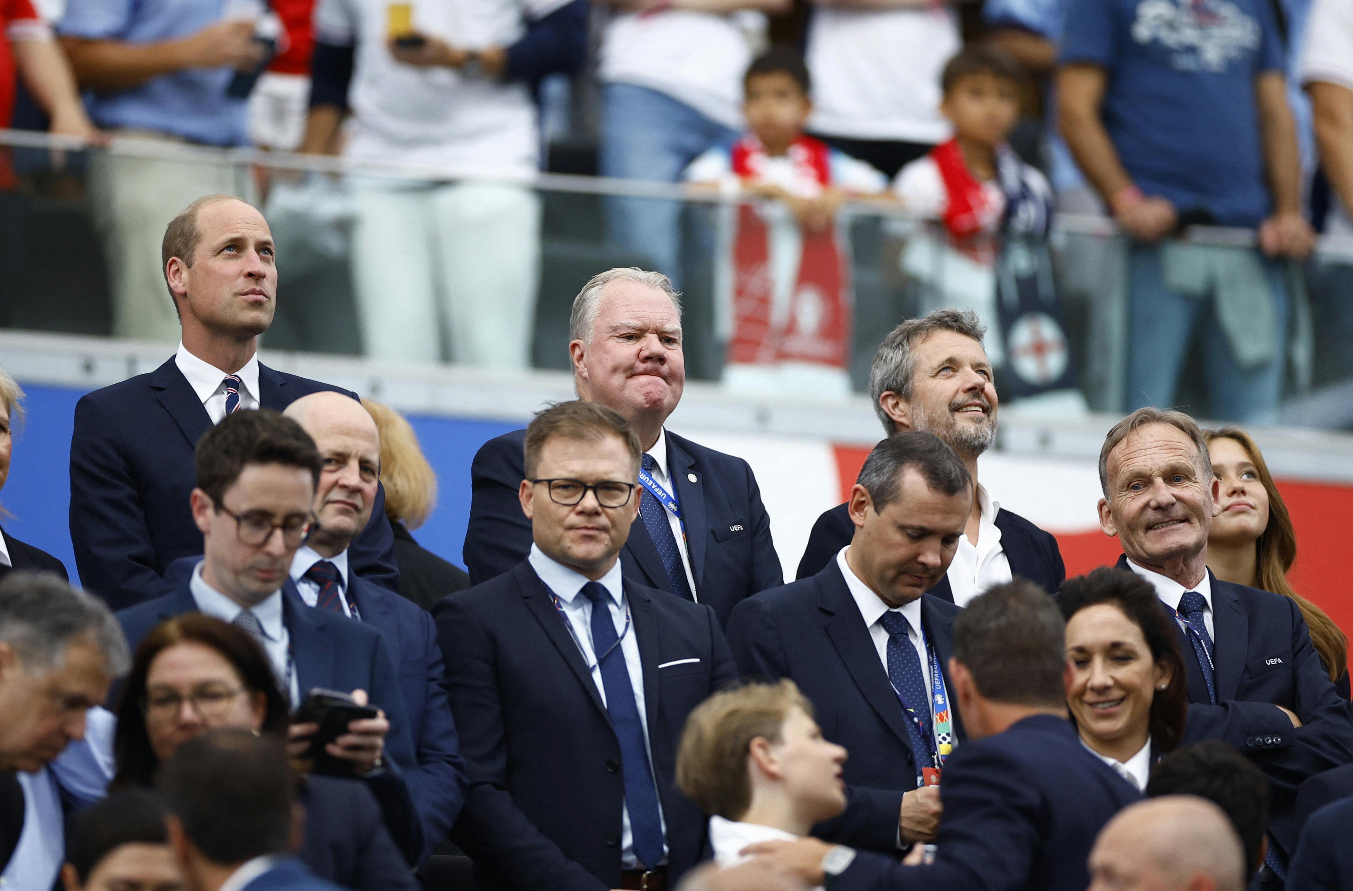 Soccer Football - Euro 2024 - Group C - Denmark v England - Frankfurt Arena, Frankfurt, Germany - June 20, 2024 Britain's Prince William and Denmark's King Frederik are pictured in the stands before the match REUTERS/John Sibley