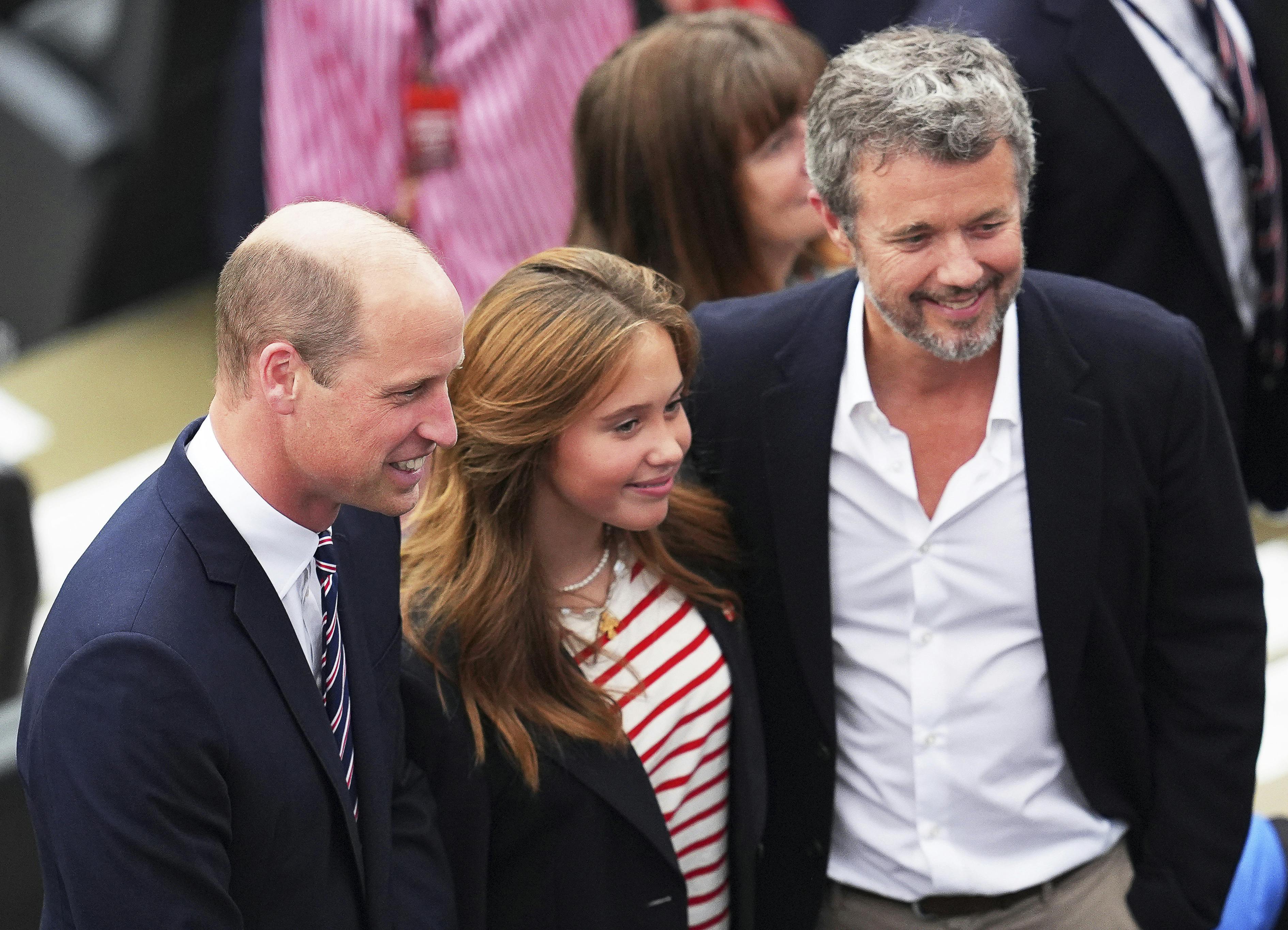 20 June 2024, Hesse, Frankfurt/Main: Soccer, UEFA Euro 2024, European Championship, Denmark - England, preliminary round, Group C, match day 2, Frankfurt Arena, William (l), Prince of Wales, Denmark's King Frederik X. (r) and his daughter Princess Josephine stand together in the stands before the start of the match. Photo by: Uwe Anspach/picture-alliance/dpa/AP Images