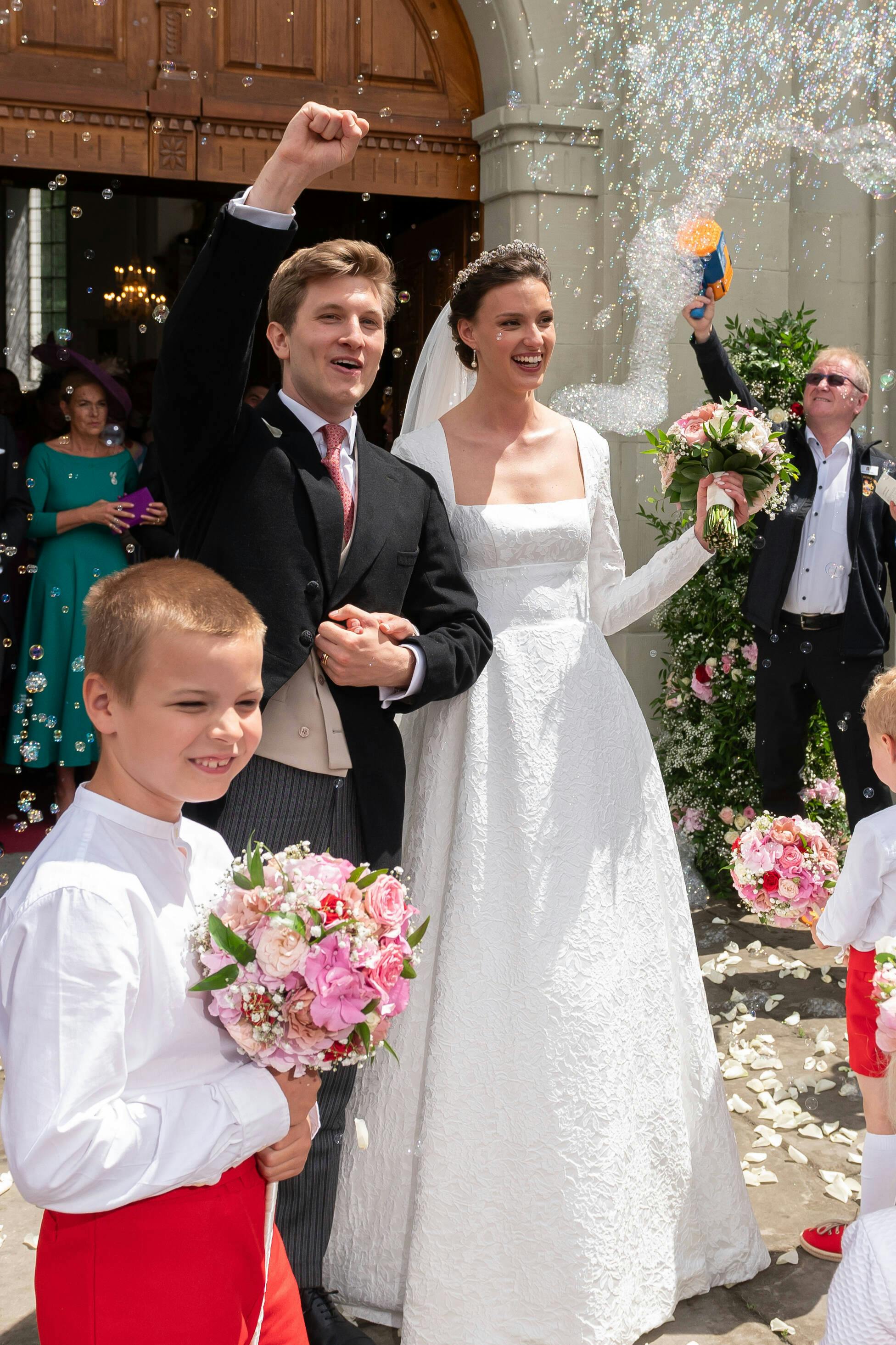 The bride and groom moving out, The wedding of Countess Leonie von Waldburg-Zeil-Hohenems and Count Caspar Matuschka in the parish church of St. Karl Borromäus in Hohenems, Austria, 22 June 2024. ( DANA-No: 02532639 )