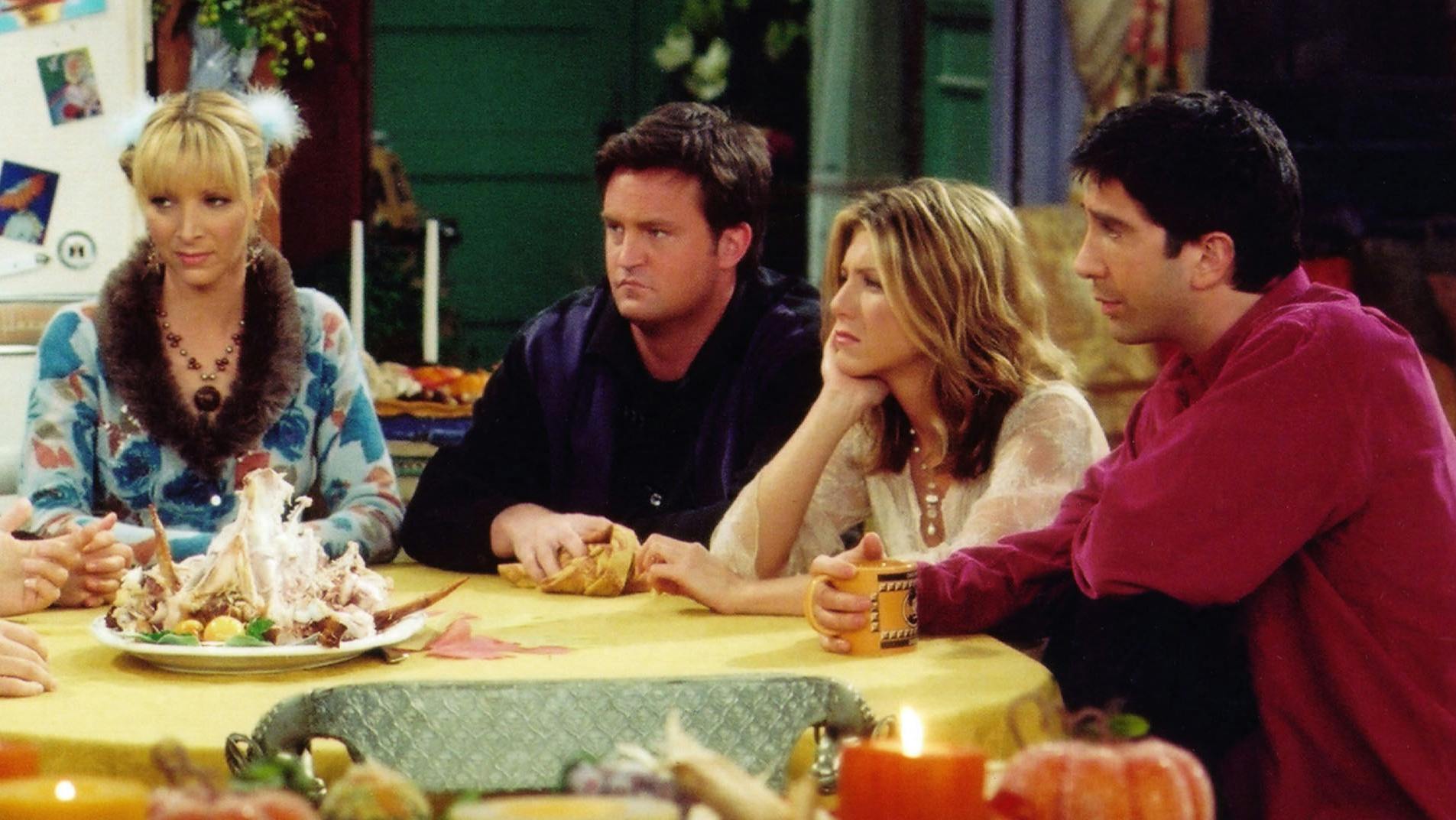 Lisa Kudrow, Matthew Perry, Jennifer Aniston og David Schwimmer i rollerne som Phoebe, Chandler, Rachel og Ross i "Venner".&nbsp;