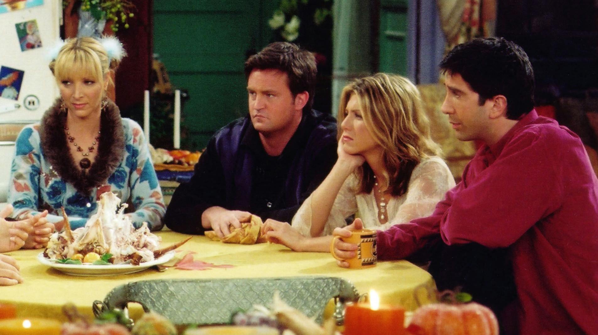 Lisa Kudrow, Matthew Perry, Jennifer Aniston og David Schwimmer i rollerne som Phoebe, Chandler, Rachel og Ross i "Venner". 