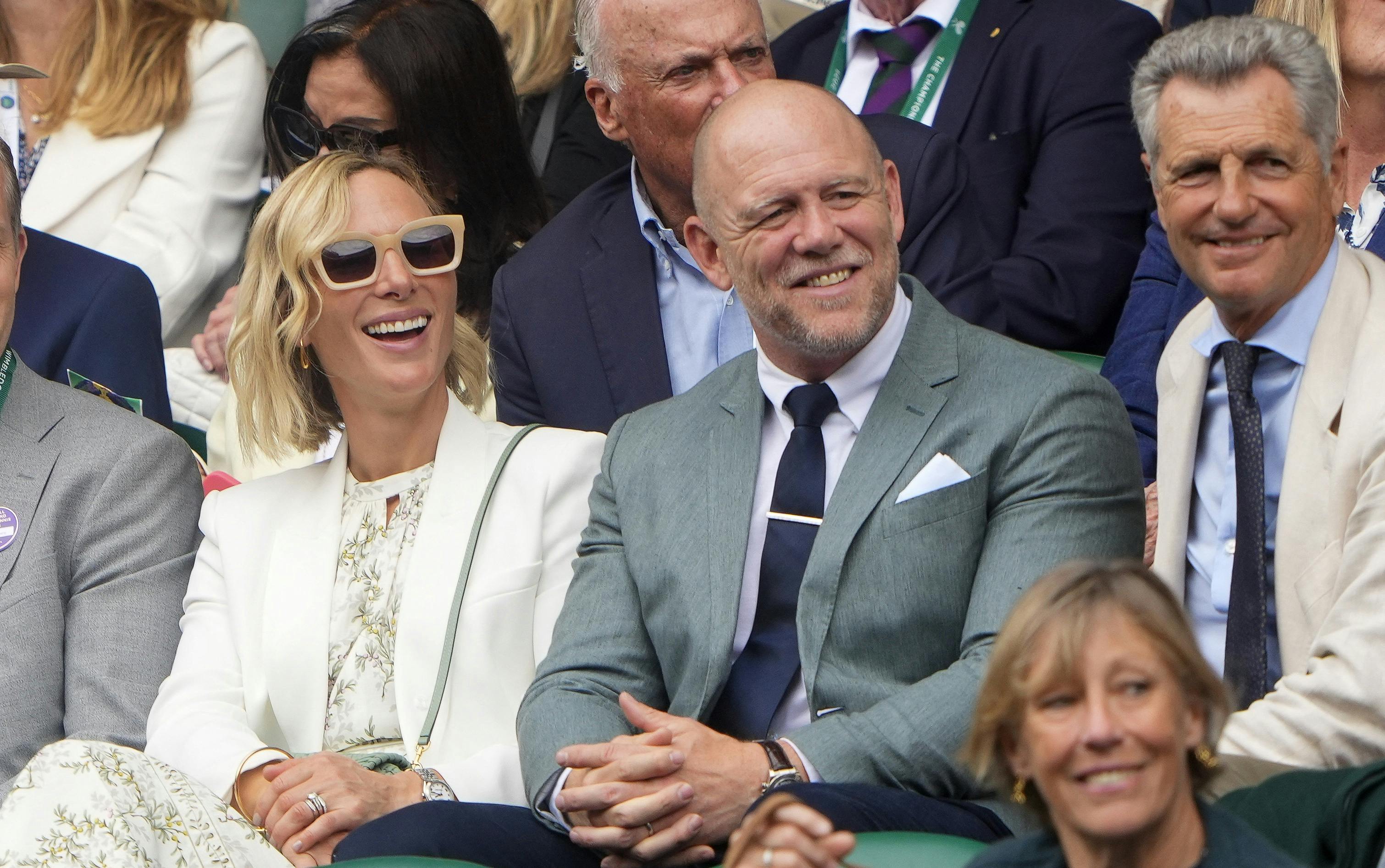 Queen Camilla and Richard E. Grant in the royal box on day ten of the 2024 Wimbledon Championships at the All England Lawn Tennis and Croquet Club, on July 10, 2024 London, England. 10 Jul 2024 Pictured: Zara Tindall and Mike Tindall attend day ten of the Wimbledon Tennis Championships at the All England Lawn Tennis and Croquet Club on July 10, 2024 in London, England. Photo credit: Mirrorpix / MEGA TheMegaAgency.com +1 888 505 6342 (Mega Agency TagID: MEGA1164101_002.jpg) [Photo via Mega Agency]