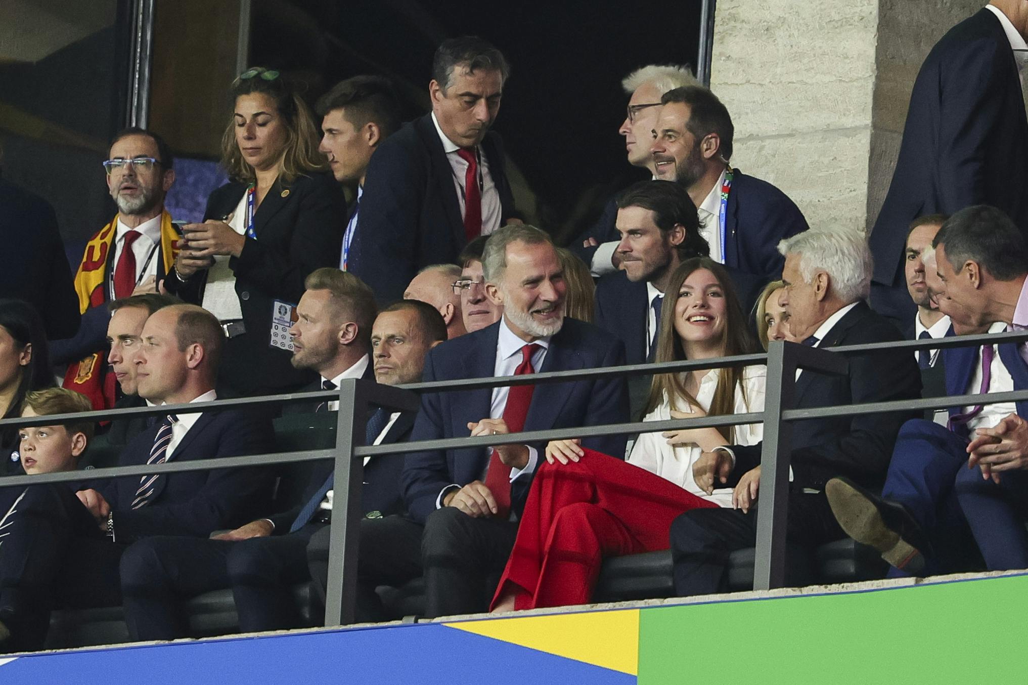 15 July 2024, Berlin: Soccer: European Championship, Spain - England, final round, final, Olympiastadion Berlin. King Felipe VI of Spain (M), his daughter Sofia and Pedro Rocha, Interim President of the Spanish Football Federation RFEF, enjoy themselves in the stands. Photo by: Christian Charisius/picture-alliance/dpa/AP Images