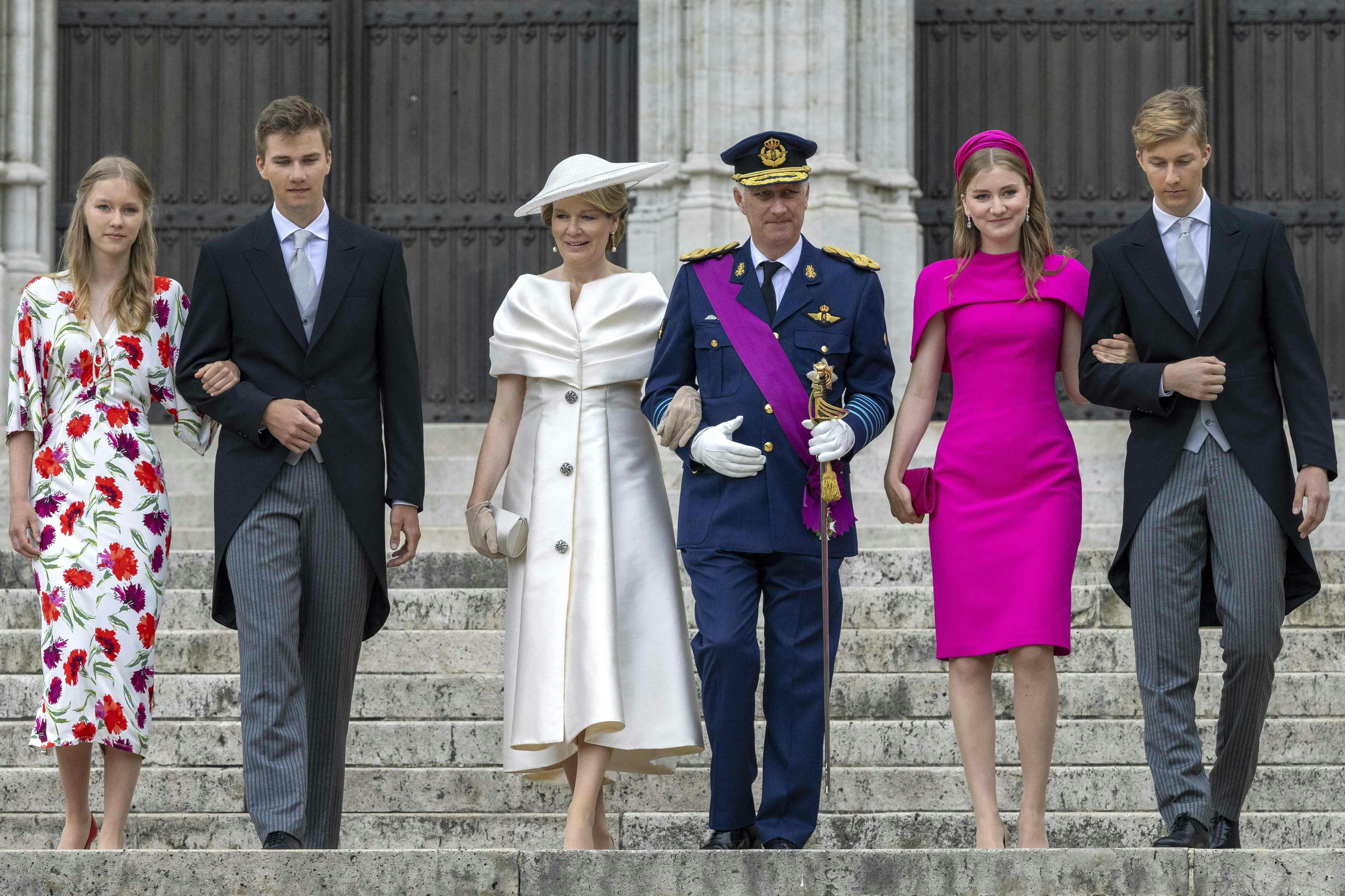 (L-R) Princess Eleonore, Prince Gabriel, Queen Mathilde of Belgium, King Philippe - Filip of Belgium, Crown Princess Elisabeth and Prince Emmanuel pose for a family portrait after the Te Deum mass, on the occasion of the Belgian National Day, at the Saint Michael and Saint Gudula Cathedral, in Brussels, on July 21, 2024. (Photo by NICOLAS MAETERLINCK / Belga / AFP) / Belgium OUT