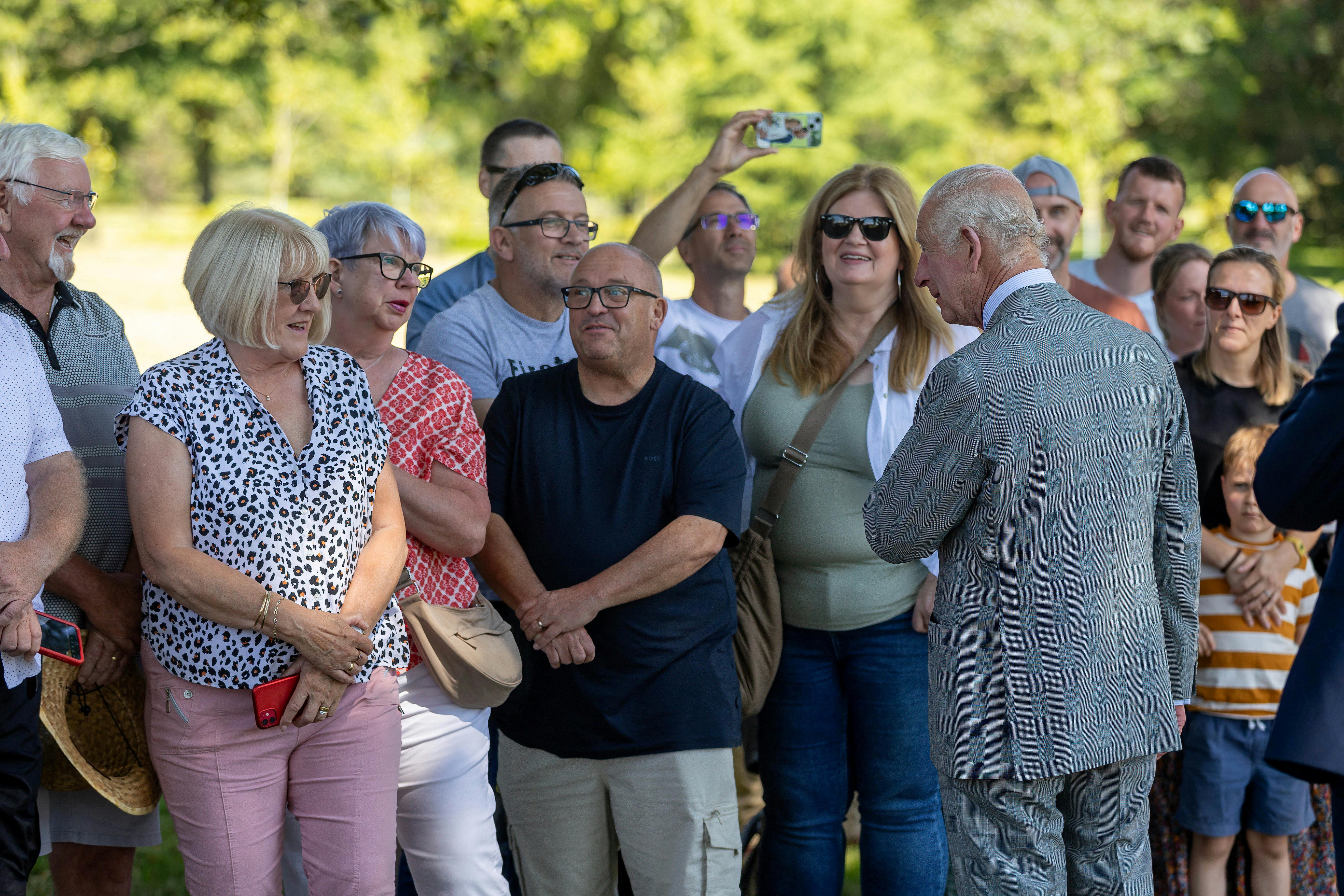 Britain's King Charles leaves Sunday Service and interacts with people, outside St Mary Magdalene Church in Sandringham, Britain July 28, 2024. Terry Harris/Pool via REUTERS