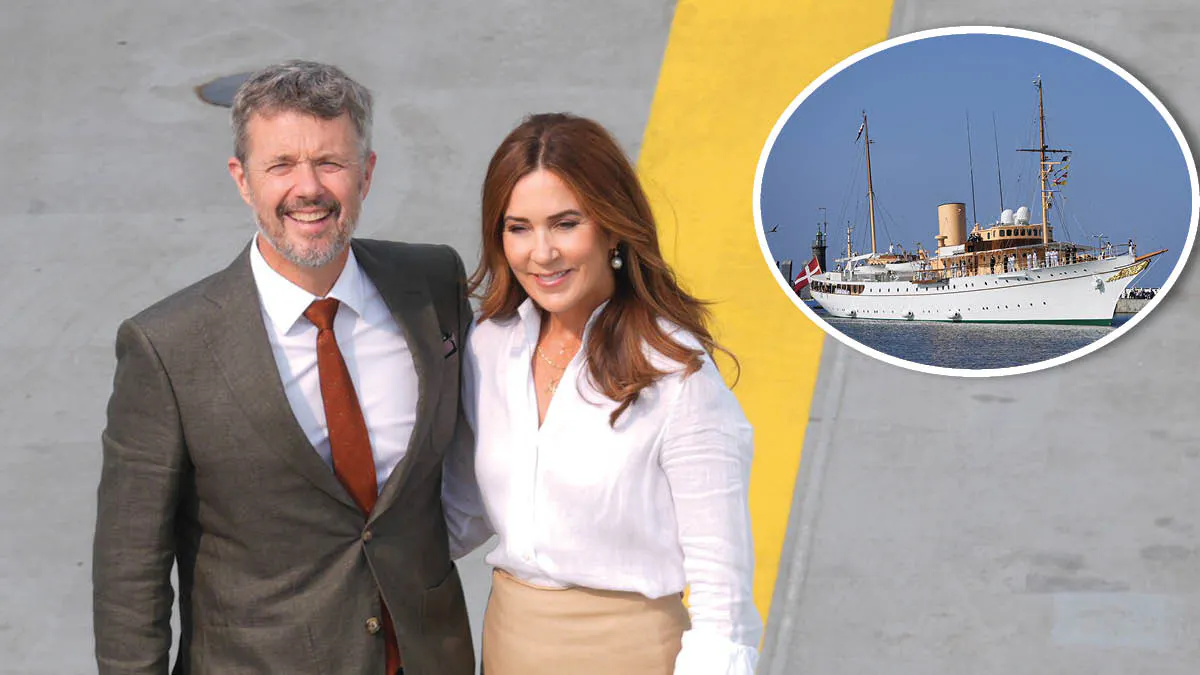 Kong Frederik og dronning Mary. Indsat: Kongeskibet Dannebrog.