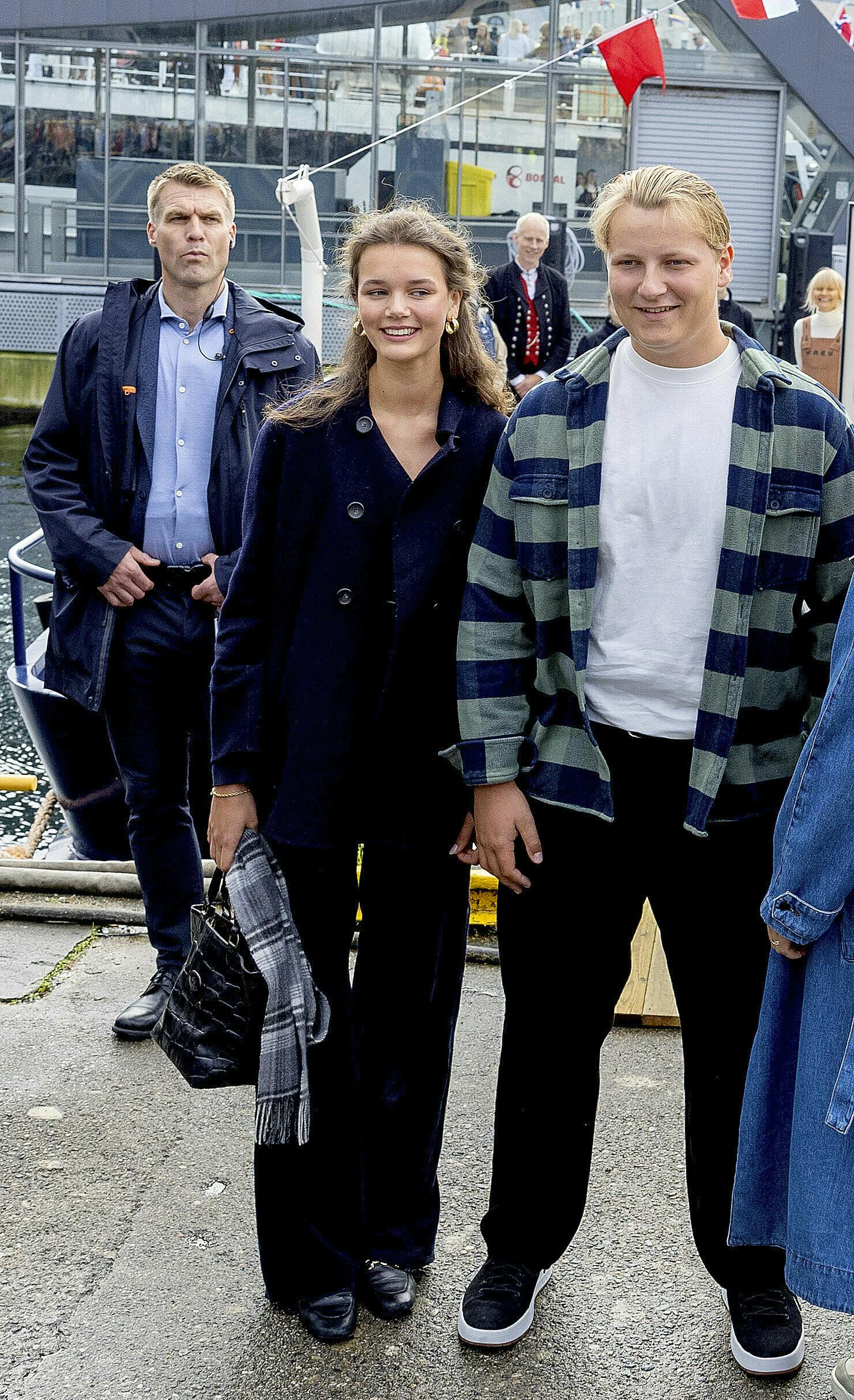 Prince Sverre Magnus and girlfriend of Norway leave at Alesund, on August 30, 2024, by boat to Geiranger, for the wedding of Princess Martha Louise and Durek Verrett, on August 31, 2024 Photo: Albert Nieboer / Netherlands OUT / Point de Vue OUT