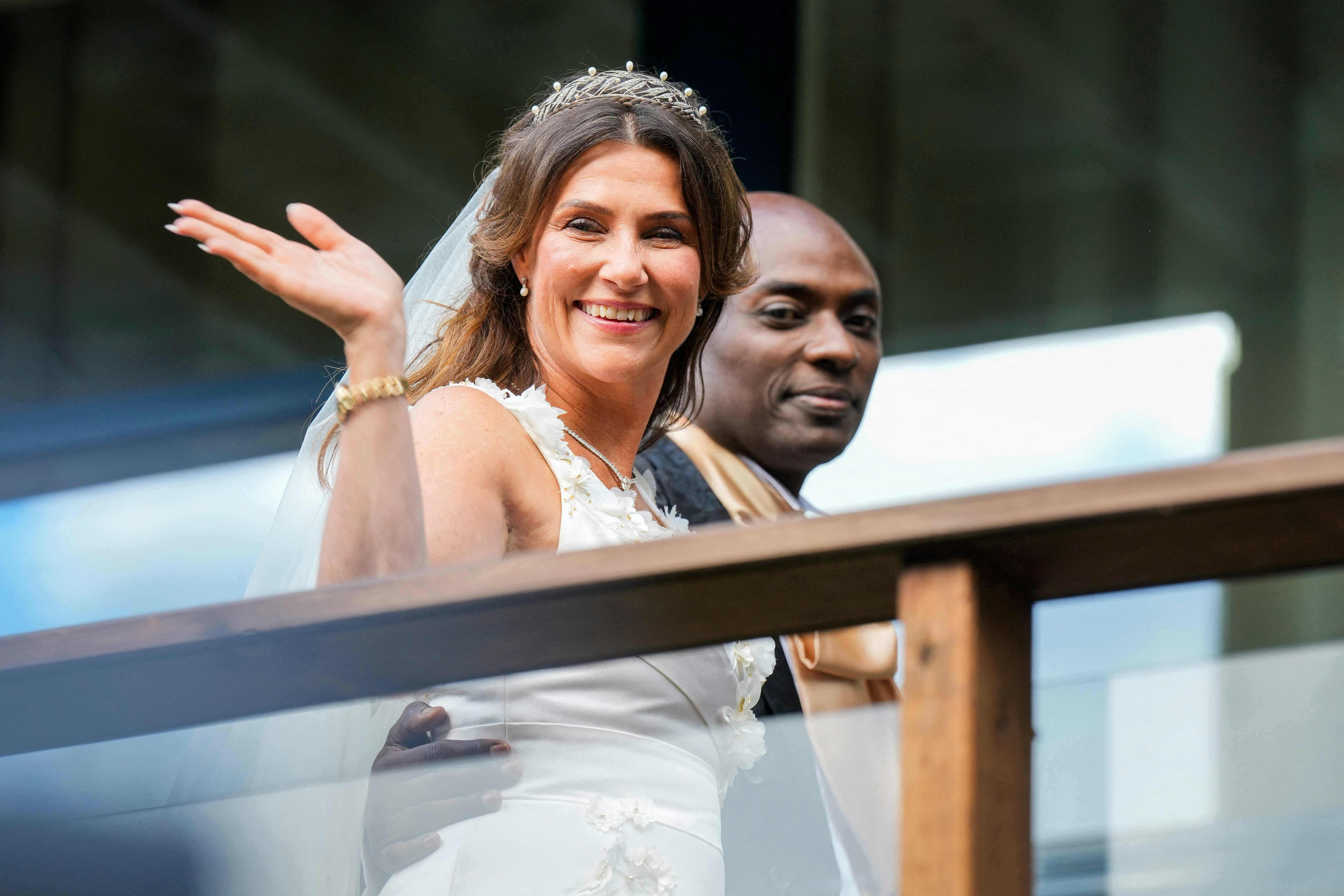 Princess Martha Louise of Norway and Durek Verrett arrive at their wedding party at Hotel Unio in Geiranger on August 31, 2024. Princess Martha Louise, the eldest child of King Harald will tie the knot on Saturday with American self-proclaimed shaman Durek Verrett. (Photo by Heiko Junge / NTB / AFP) / Norway OUT