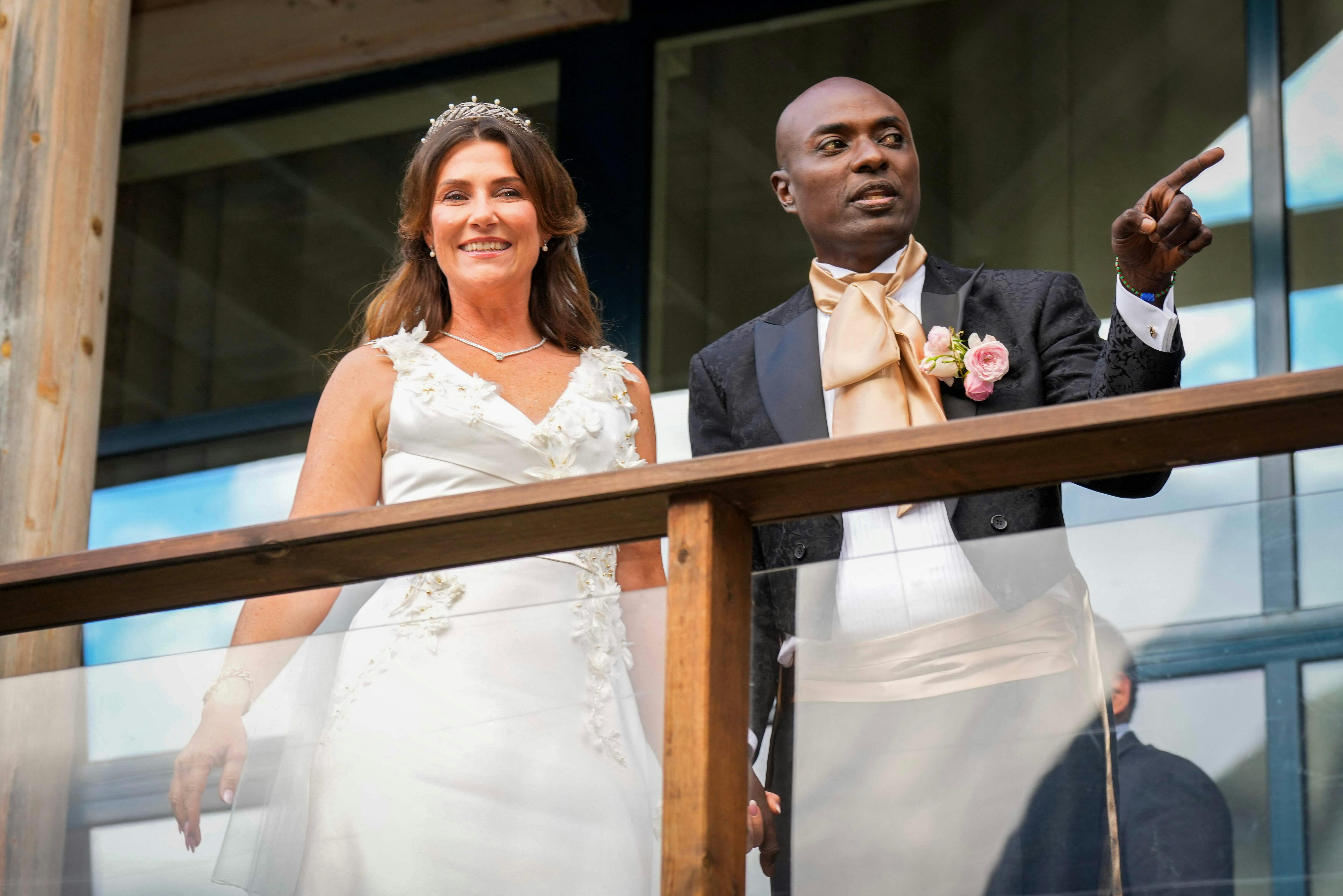 Princess Martha Louise of Norway and Durek Verrett arrive at their wedding party at Hotel Unio in Geiranger on August 31, 2024. Princess Martha Louise, the eldest child of King Harald will tie the knot on Saturday with American self-proclaimed shaman Durek Verrett. (Photo by Heiko Junge / NTB / AFP) / Norway OUT