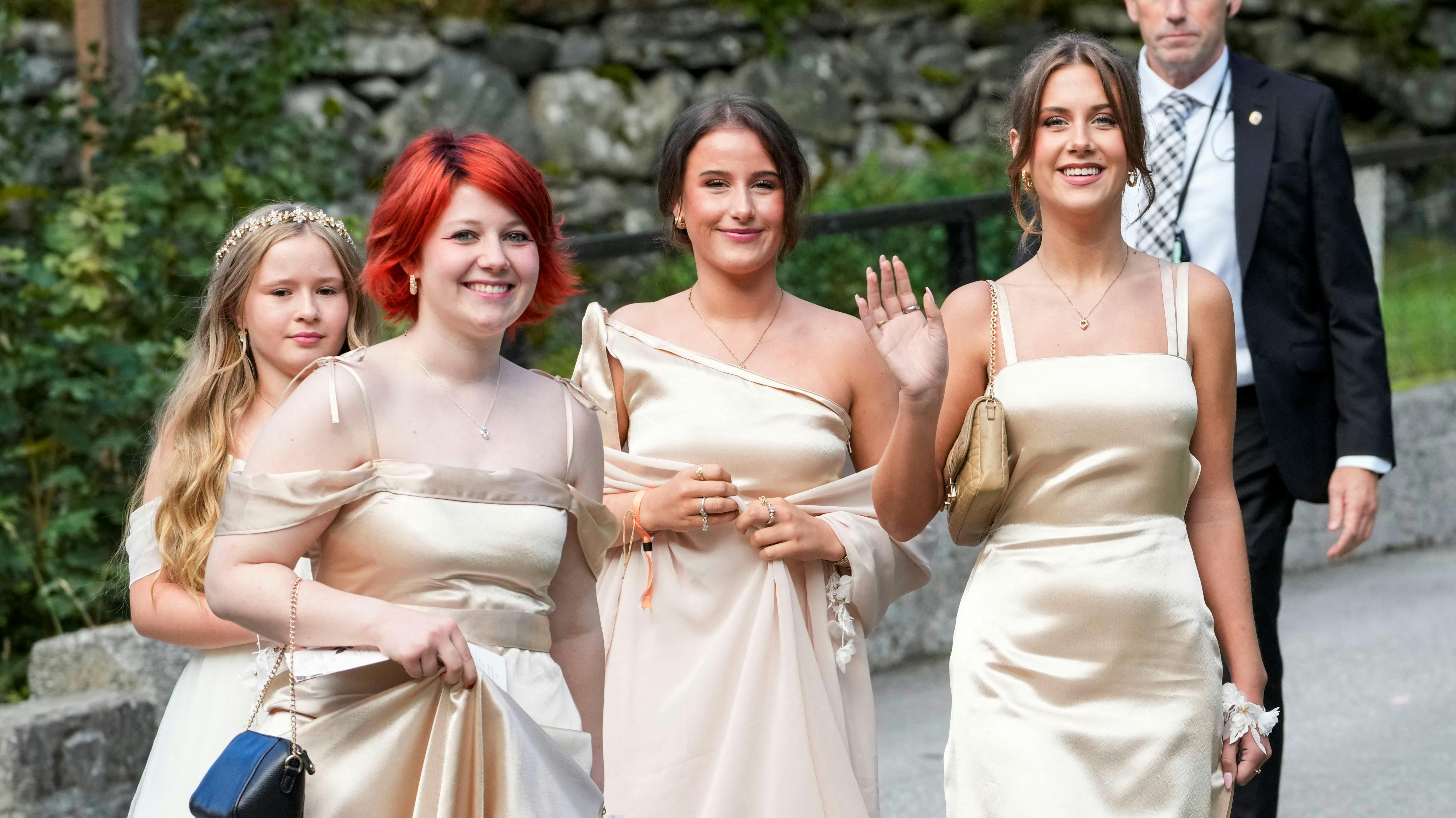 Maud Angelica Behn, Emma Tallulah Behn and Leah Isadora Behn, daughters of Norway's Princess Martha Louise, walk outside Hotel Union at Vinjevollen on the day of the wedding of Princess Martha Louise and Durek Verrett, in Geiranger, Norway, August 31, 2024. NTB/Cornelius Poppe via REUTERS ATTENTION EDITORS - THIS IMAGE WAS PROVIDED BY A THIRD PARTY. NORWAY OUT.NO COMMERCIAL OR EDITORIAL SALES IN NORWAY.