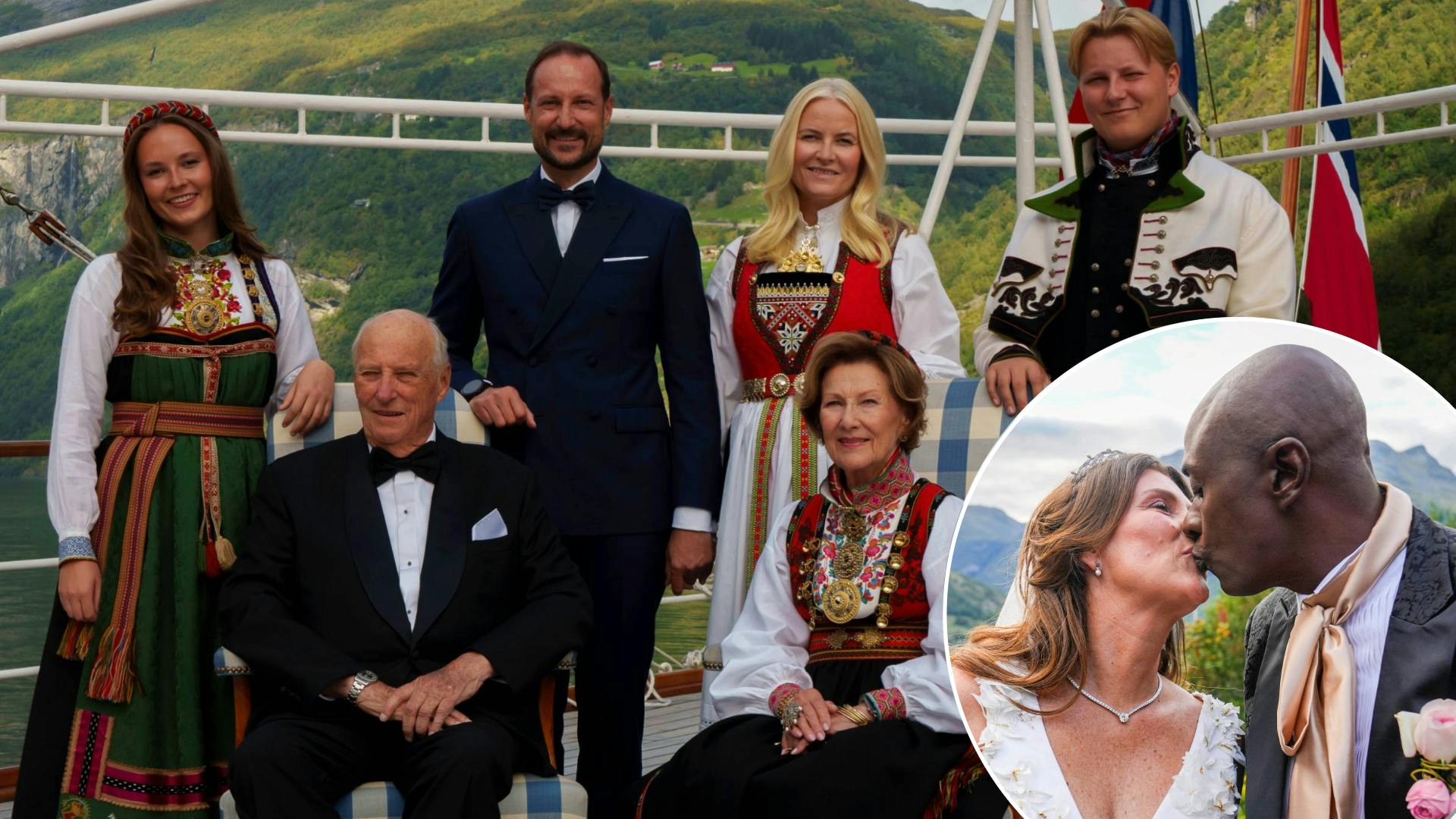 Kongefamilien fotograferet på Kongeskibet Norge før vielsen. Indsat: prinsesse Märtha Louise og Durek Verrett.