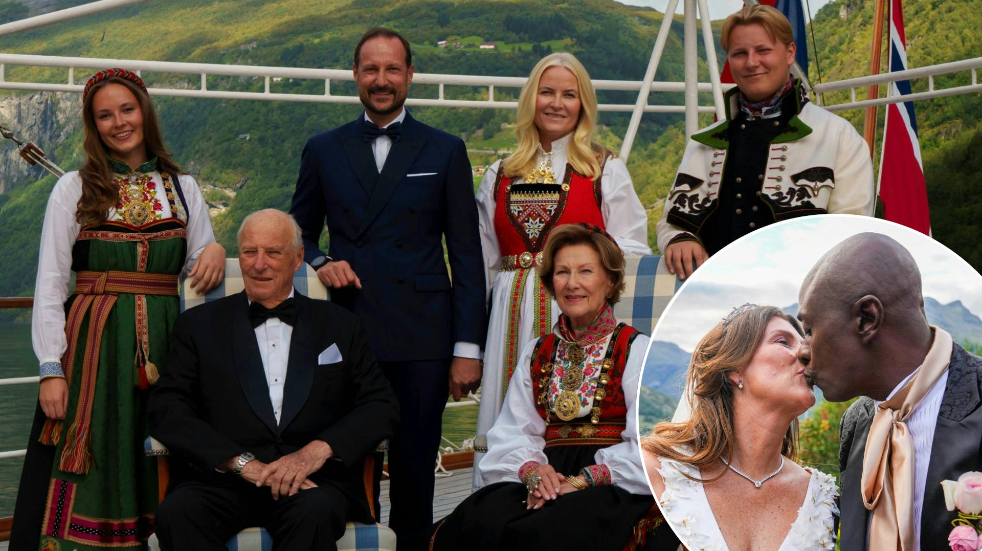 Kongefamilien fotograferet på Kongeskibet Norge før vielsen. Indsat: prinsesse Märtha Louise og Durek Verrett.