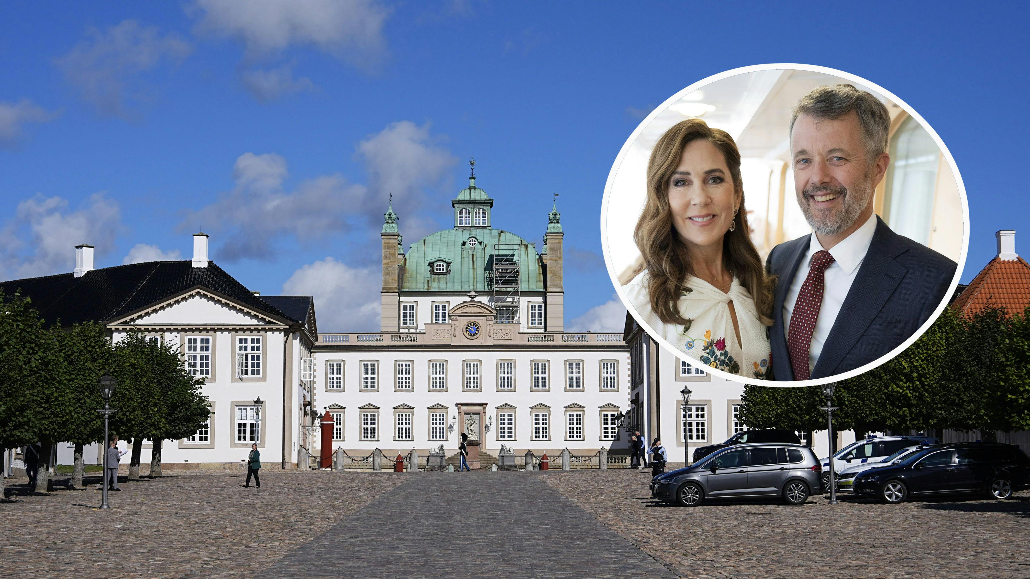 Fredensborg Slot. Indsat foto af dronning Mary og kong Frederik.